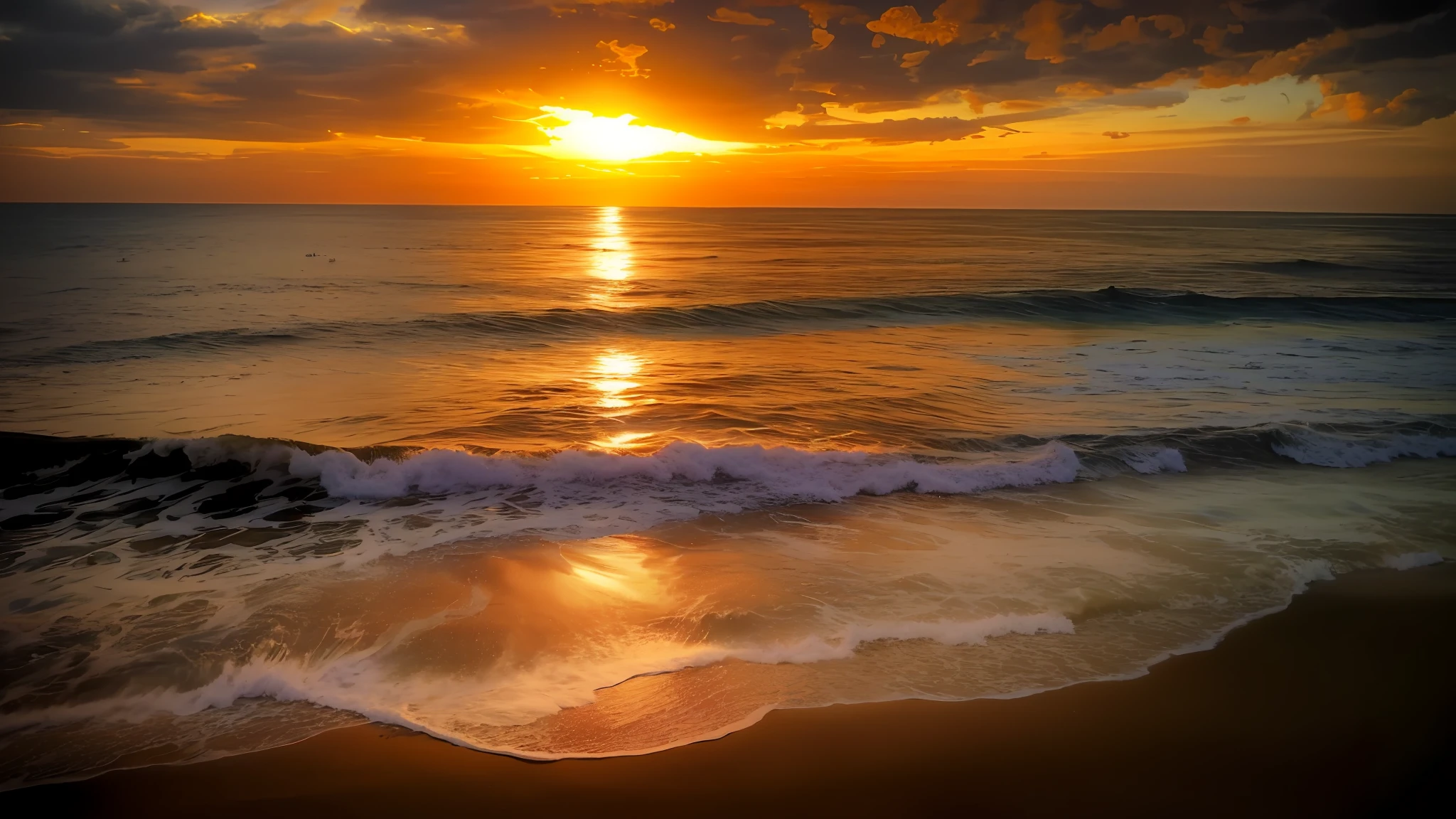 arafed view of a sunset over the ocean with waves, which shows a beach at sunset, sunset at the beach, the most beautiful sunset, beach sunset background, sunset on the beach, golden sunset, on the beach during sunset, at the beach on a sunset, golden hour time, at the golden hour, warm beautiful scene, at a beautiful sunset