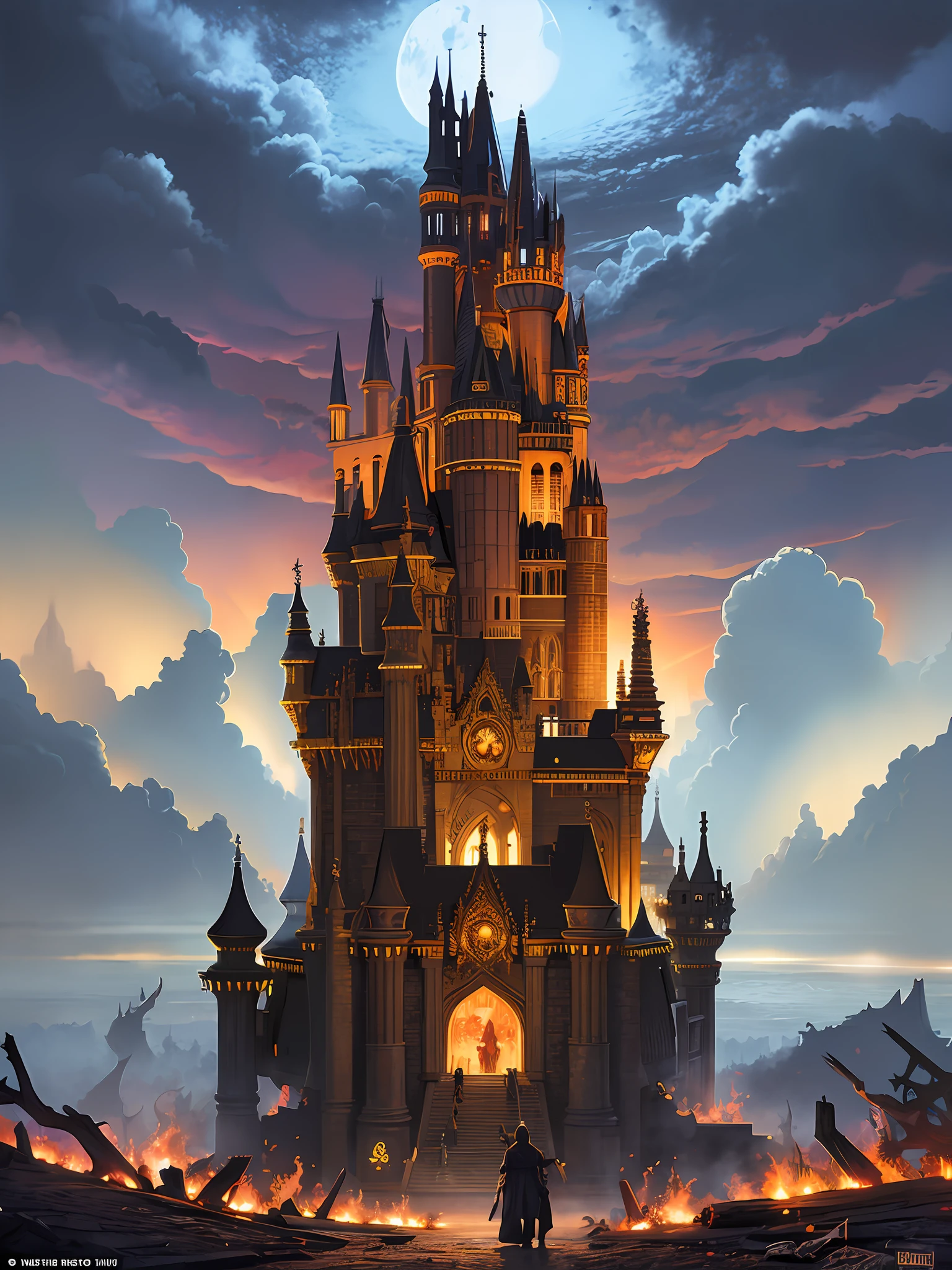 walking on castle in ruins, satanic monuments, dramatic cloudy sky, mystical, hyperdetailed, intricate perfect details, complex, horror art. Illustration by Dan Seagrave