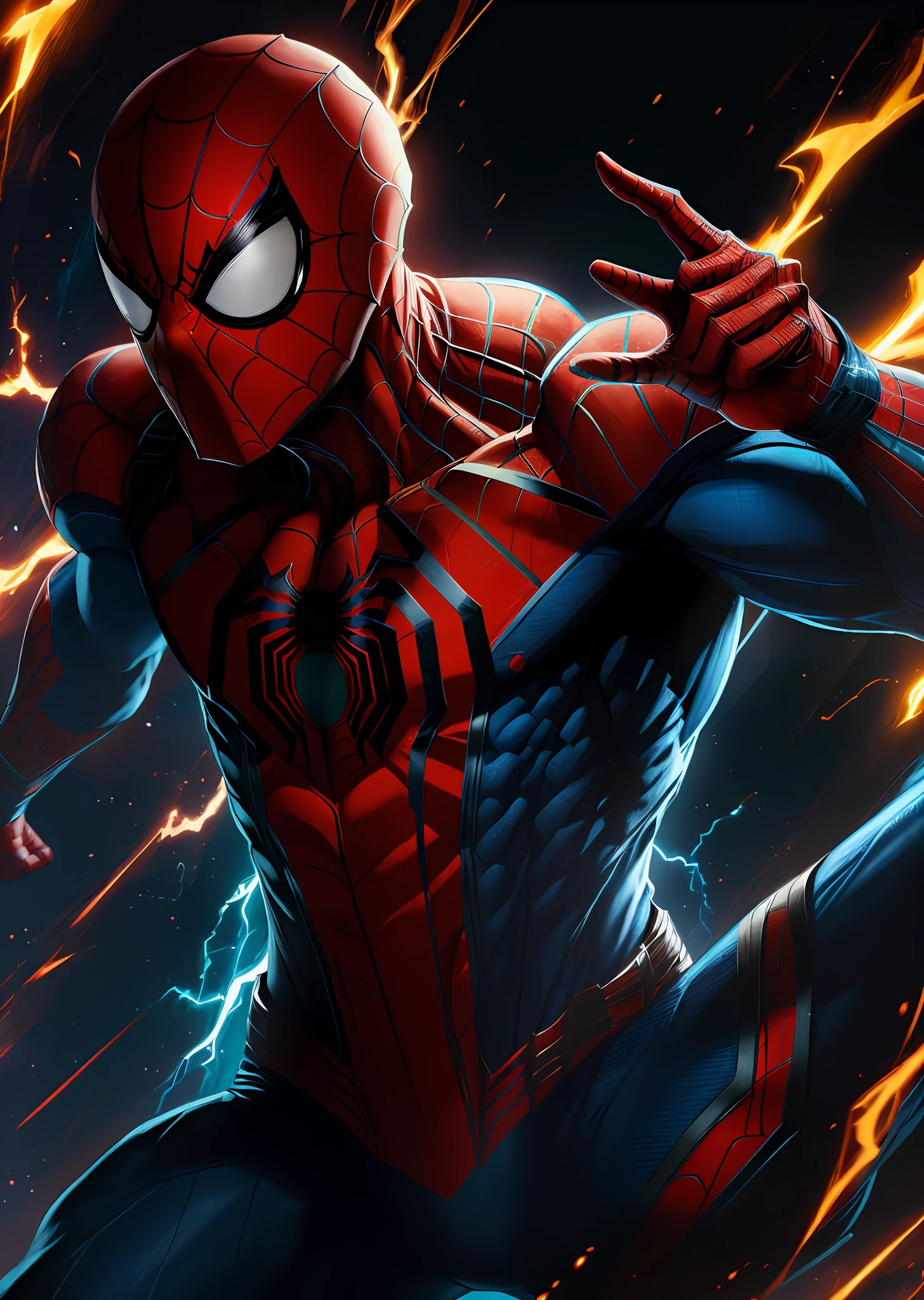 (high resolution, ultra-detailed, best quality) Spider-Man poster, (dynamic pose, bold and confident expression), glowing energy aura around body, vibrant color palette.