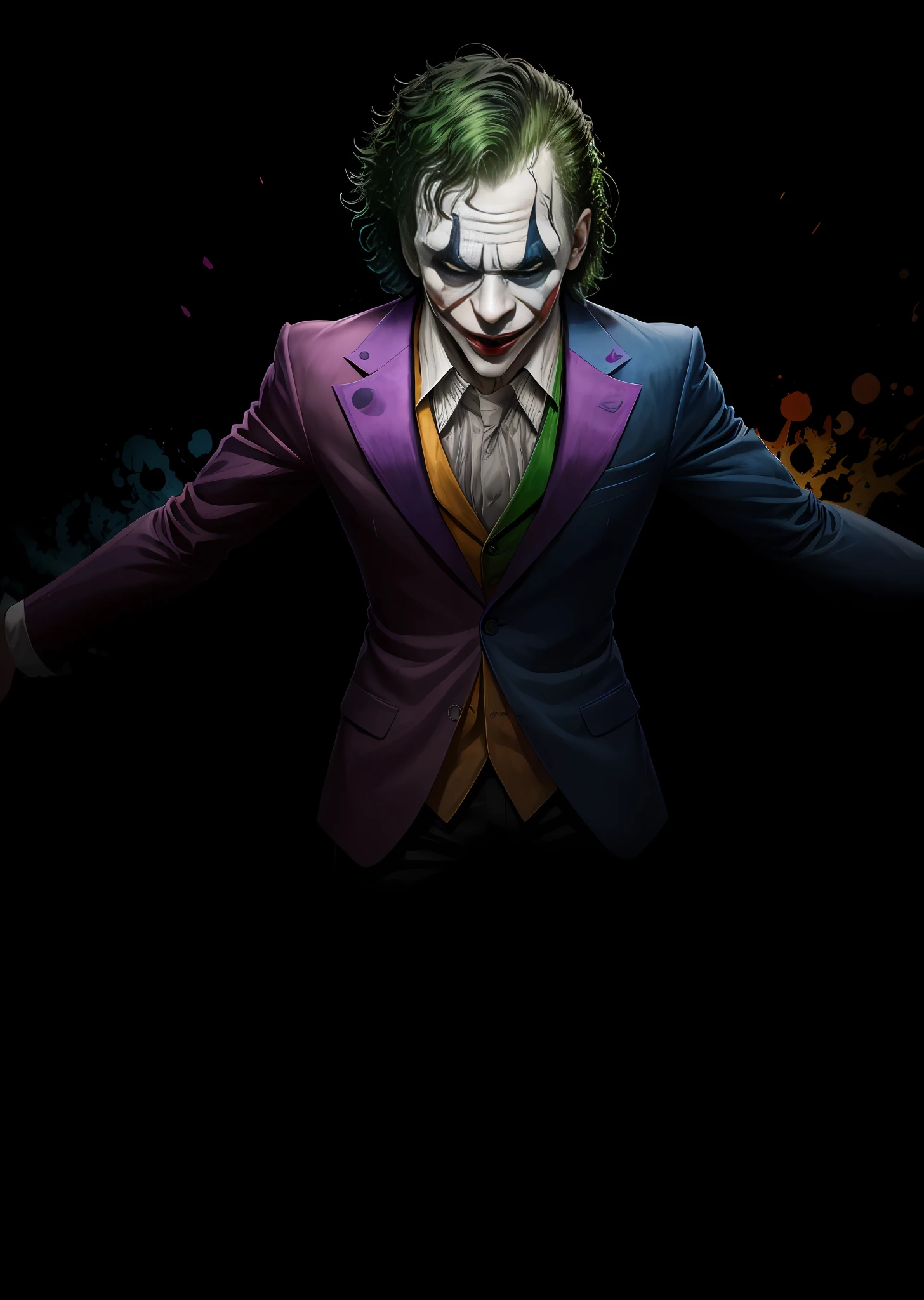 (high resolution, ultra-detailed, best quality) Joker poster, (dynamic pose, bold and confident expression), glowing energy aura around body, vibrant color palette.