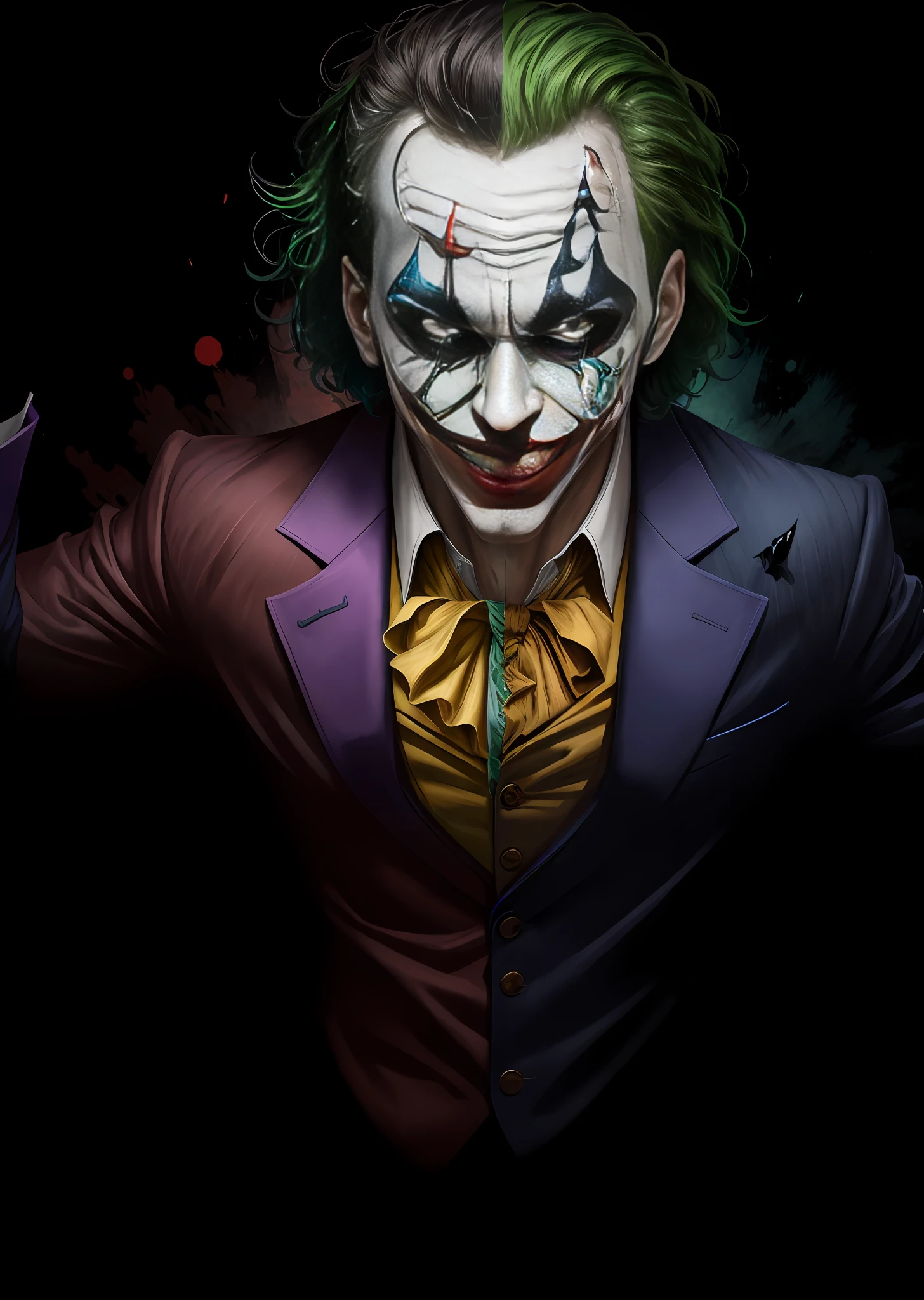 (high resolution, ultra-detailed, best quality) Joker poster, (dynamic pose, bold and confident expression), glowing energy aura around body, vibrant color palette.