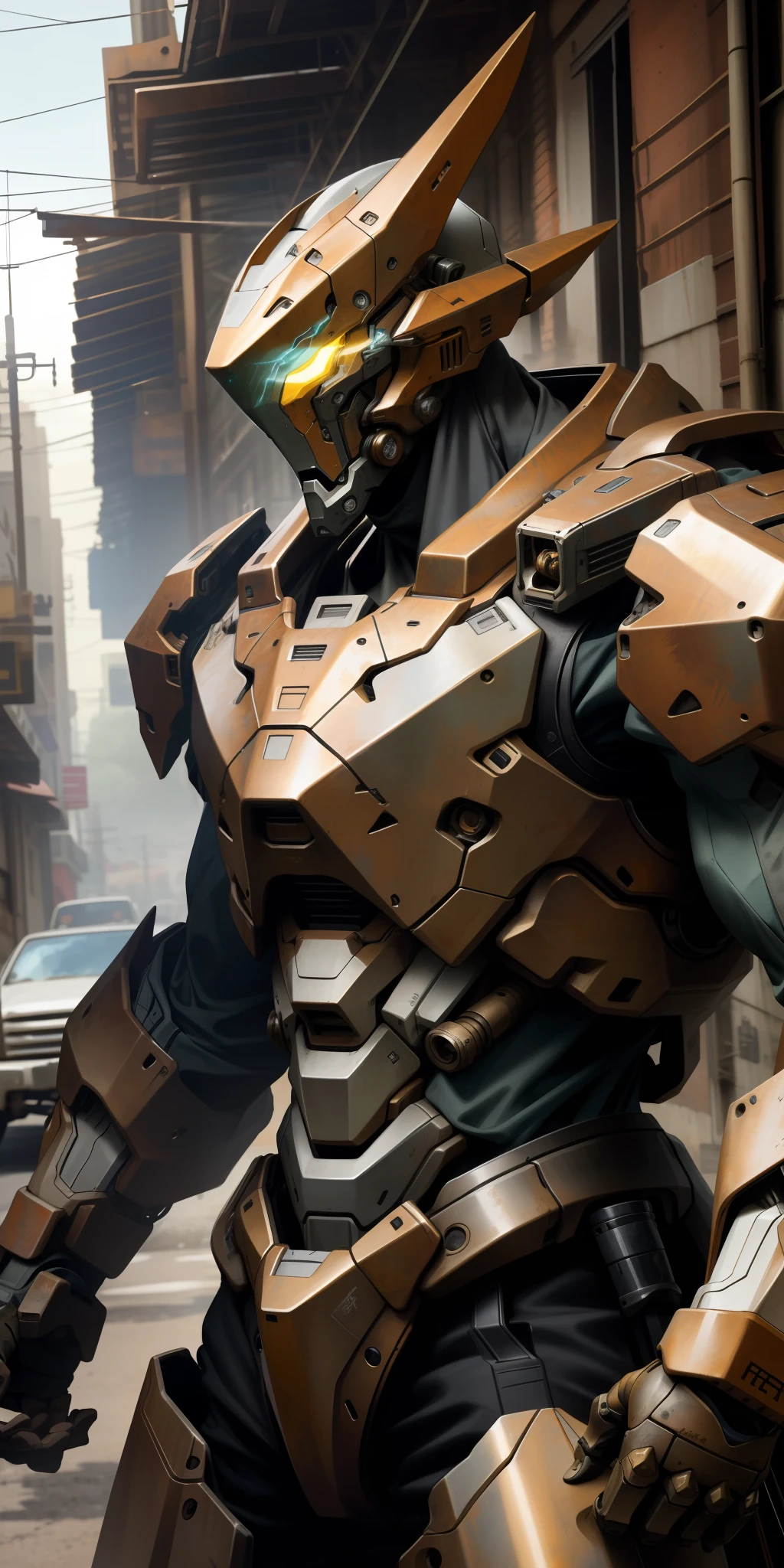 Portrait photo of an alpha male, perfect eyes, in a worn mecha suit, intricate, (steel metal [rust]), elegant, sharp focus, photo by greg rutkowski, soft lighting, vibrant colors, masterpiece, ((streets)), cowboy shot, dynamic pose,