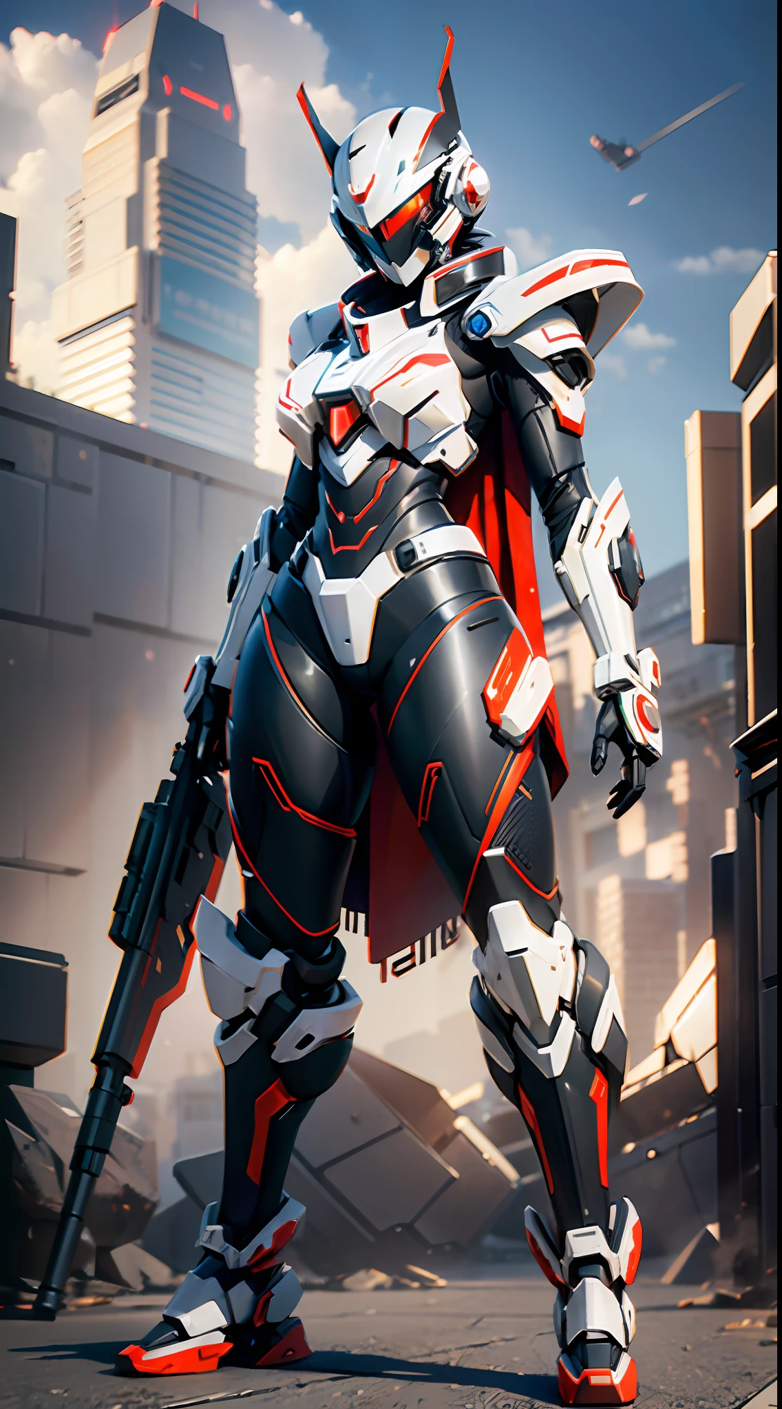 (((tall young Asian woman with perfect body proportions))), textured mech, surrealism, cubist futurism, V-shaped helmet covering face, melon face, black and red extremely complex cruel Valkyrie mech suit, white messy long hair, red glowing eyes, gun action, tattered red knight long cloak unfolded, a large horror machine stands behind it, Ultra HD, Panorama, chiaroscuro, Cinematic lighting, ray tracing, character diagram, f/1.8, Sony FE, best quality, High resolution, live-action, 3D effects