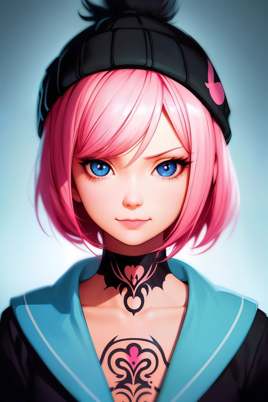 a detailed portrait of a beautiful pink haired (anime) girl, short hair, close up, wearing a blue beanie, wearing a blue jacket, black shirt collar, blue eyes, smirk smile, seductive gaze, ( neck tatoos:1.1), masterpiece, high quality, art by artgerm, sakimichan, Taejune Kim, pixiv, krenz cushart, ilya kuvshinov, Goro Fujita, Cyril Rolando, (black background), saturated colors, (sharp edges) (masterpiece, top quality, best quality)