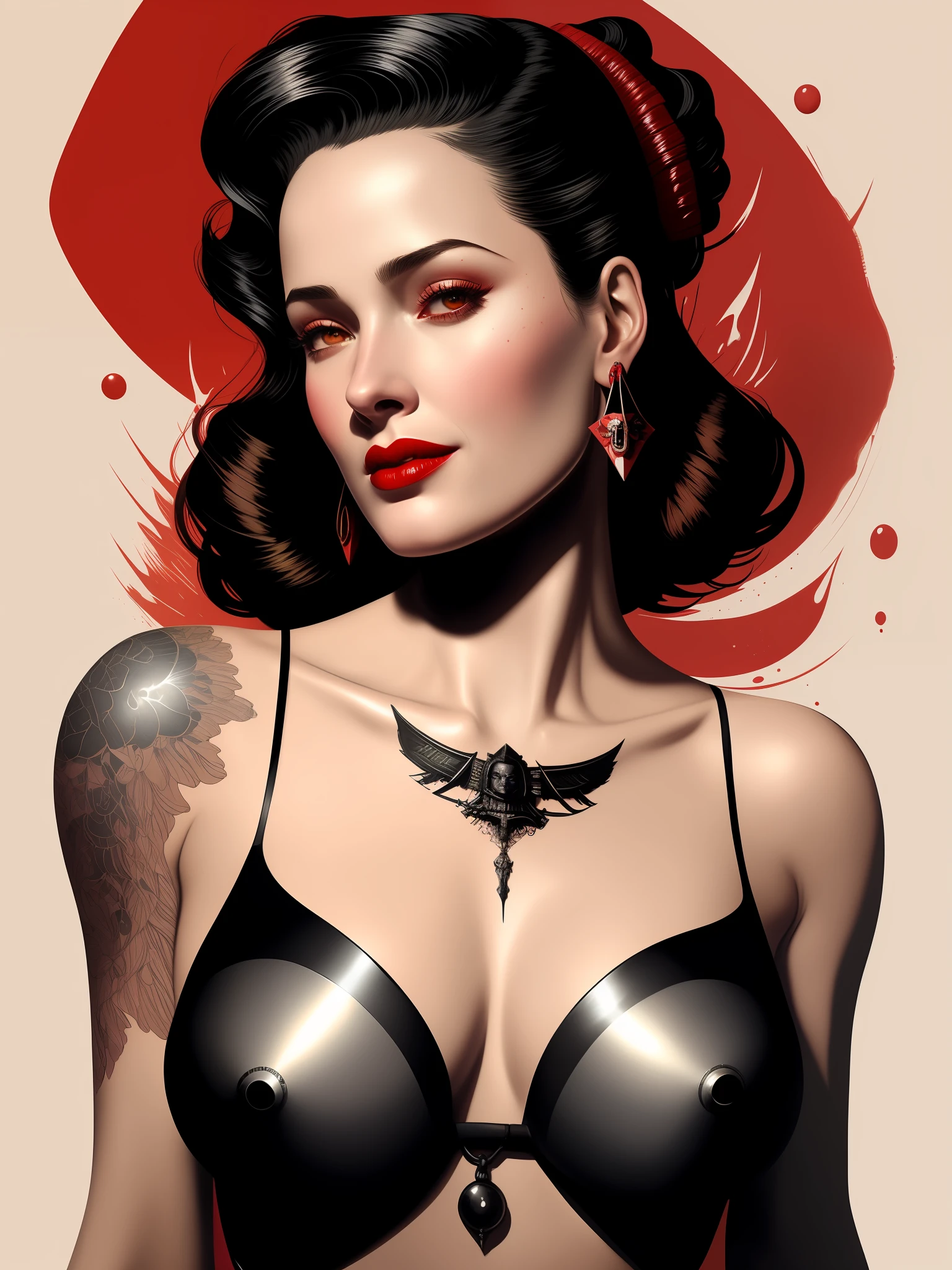 there is a woman with a tattoo on her chest and a red lipstick, martin ansin artwork portrait, stunning digital illustration, artstyle tom bagshaw, pinup art, stunning artwork, illustration art, by Galen Dara, artgerm and tom bagshaw, tom bagshaw style, rob rey and kentarõ miura style, art tom bagshaw, a ((film noir)) portrait painting of  looking at the camera with a subtle smile, she is wearing red lipstick and small black earrings and has bare shoulders and ((exposed breasts)),  shaft of light, by Gediminas Pranckevicius, Jean Giraud, Russ Mills, Carne Griffiths