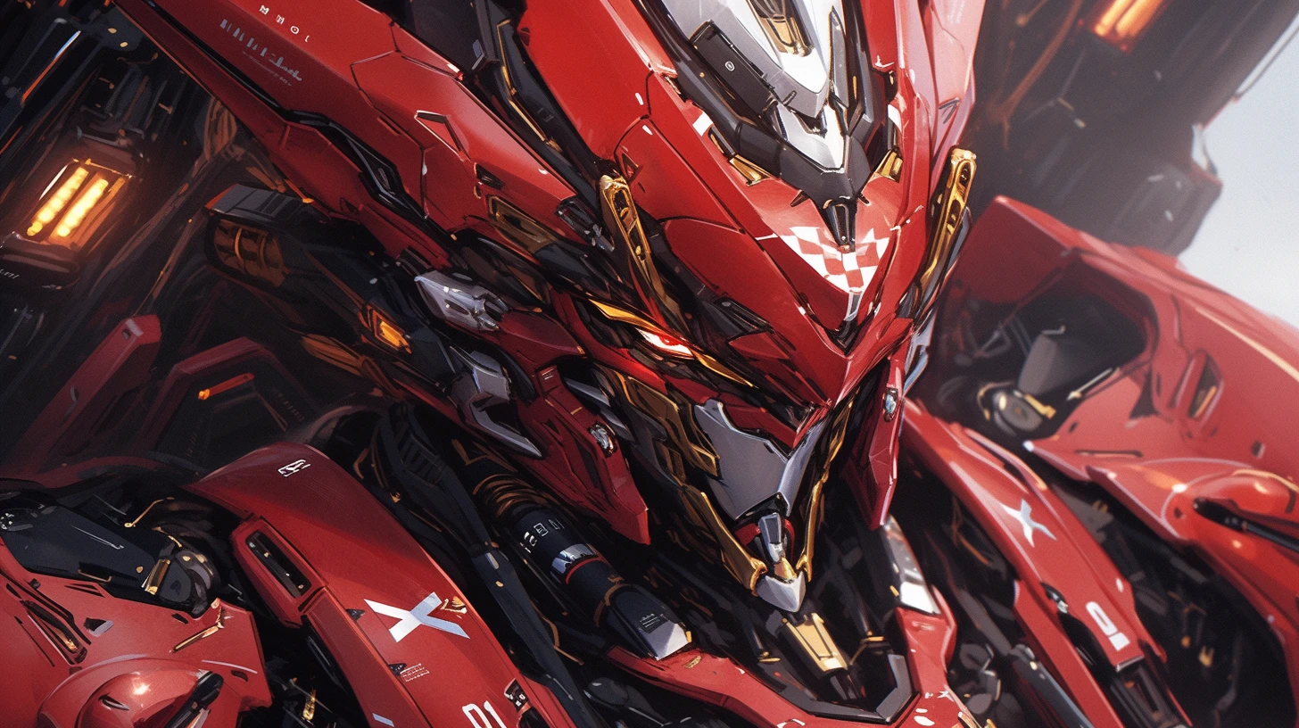 Red + gold scifi mech suit, intricate detail, artstation, Japna Gundam, full body image, nreal Engine, DOF, Super-Resolution, Megapixel, Cinematic Lightning, Anti-Aliasing, FKAA, TXAA, RTX, SSAO, Post Processing, Post Production, Tone Mapping, CGI, VFX, SFX, Insanely detailed and intricate, Hyper maximalist, Volumetric, ultra photorealultra-detailed intricate details, Super detailed, Full color Volumetric lightning, Realistic, Hyper realistic, Photorealistic, Unreal Engine, 8K --ar 16:9 --niji 5