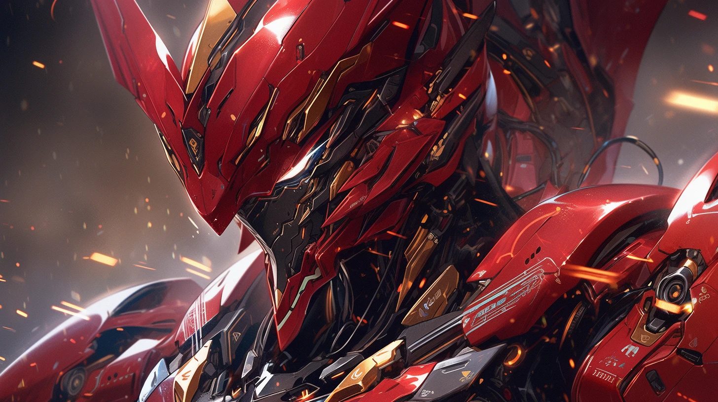Red + gold scifi mech suit, intricate detail, artstation, Japna Gundam, full body image, nreal Engine, DOF, Super-Resolution, Megapixel, Cinematic Lightning, Anti-Aliasing, FKAA, TXAA, RTX, SSAO, Post Processing, Post Production, Tone Mapping, CGI, VFX, SFX, Insanely detailed and intricate, Hyper maximalist, Volumetric, ultra photorealultra-detailed intricate details, Super detailed, Full color Volumetric lightning, Realistic, Hyper realistic, Photorealistic, Unreal Engine, 8K --ar 16:9 --niji 5