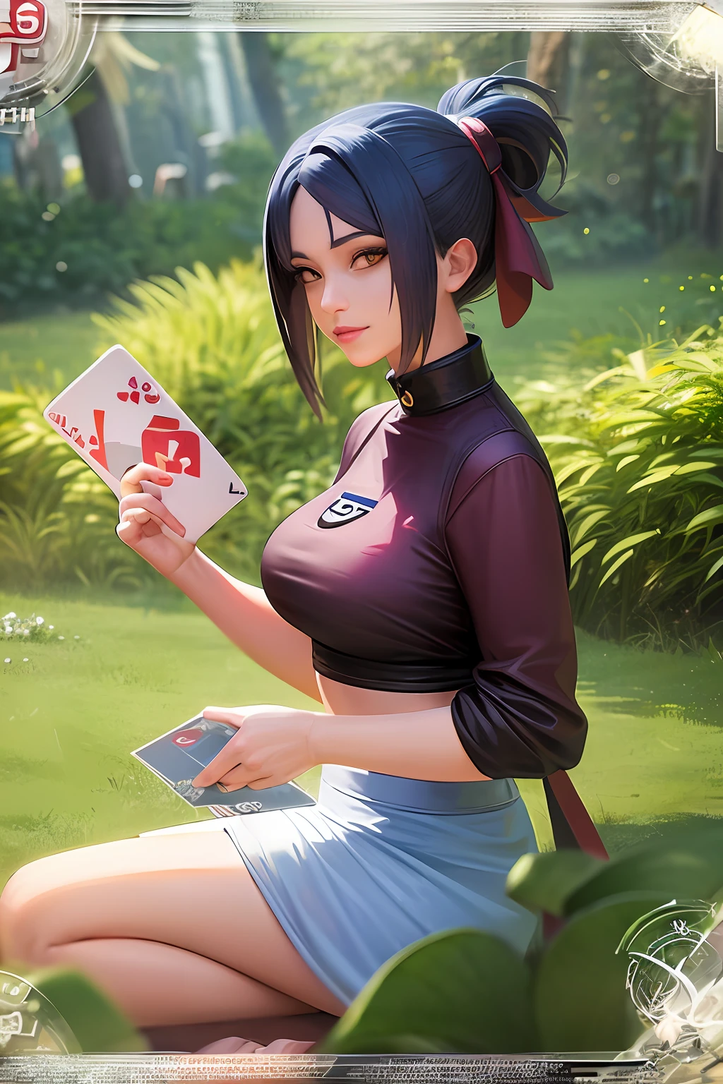 3d digital painting style ((Konan from Naruto))((akatsuki clothes))  In the jungle you hunt using ((big cards))