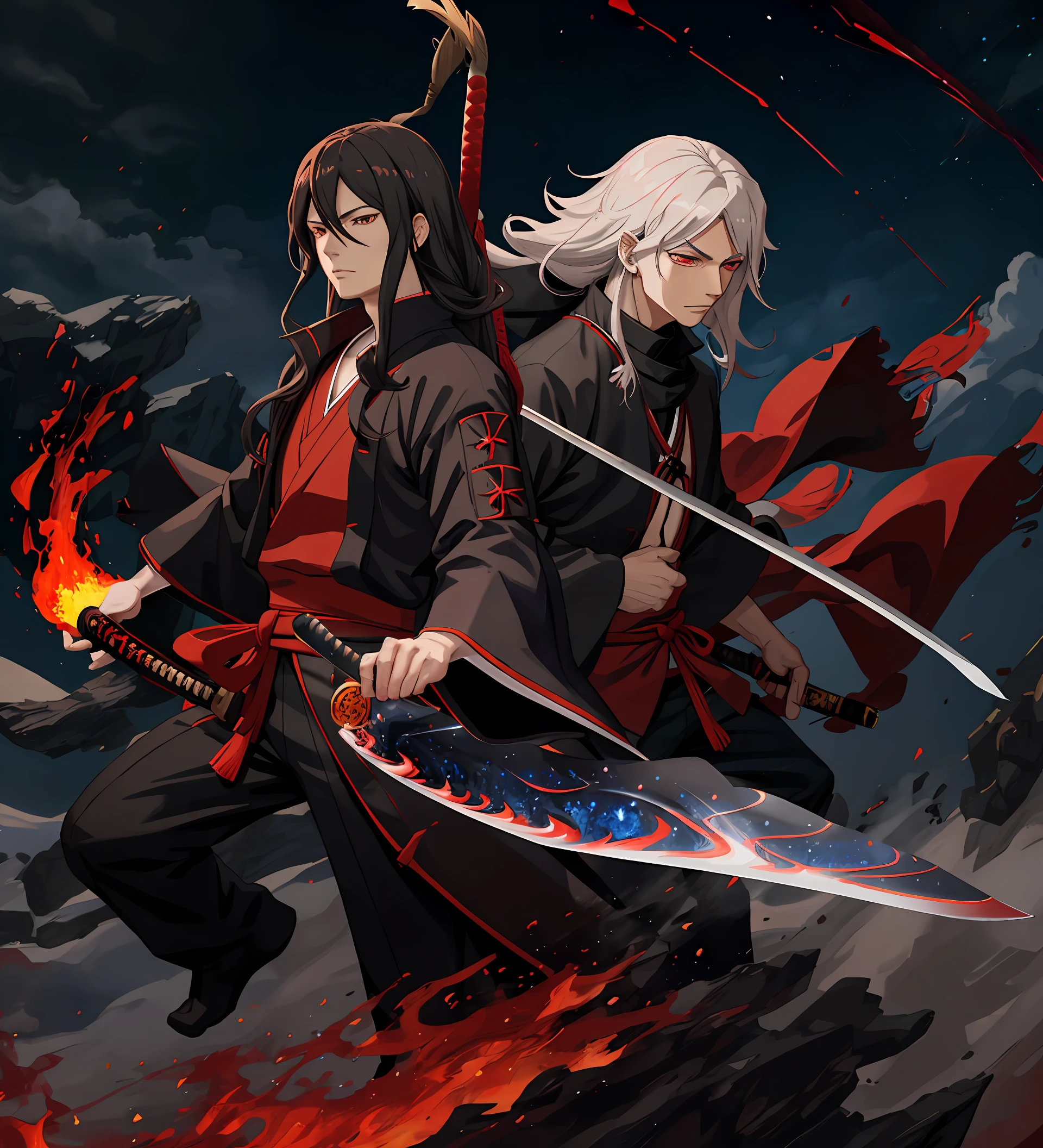 realistic anime style, Uchicha Madara, black and red royal sensei clothing, holding samurai sword in one hand, blasting fire from the other hand, background deep midnight sky, meteorite storm