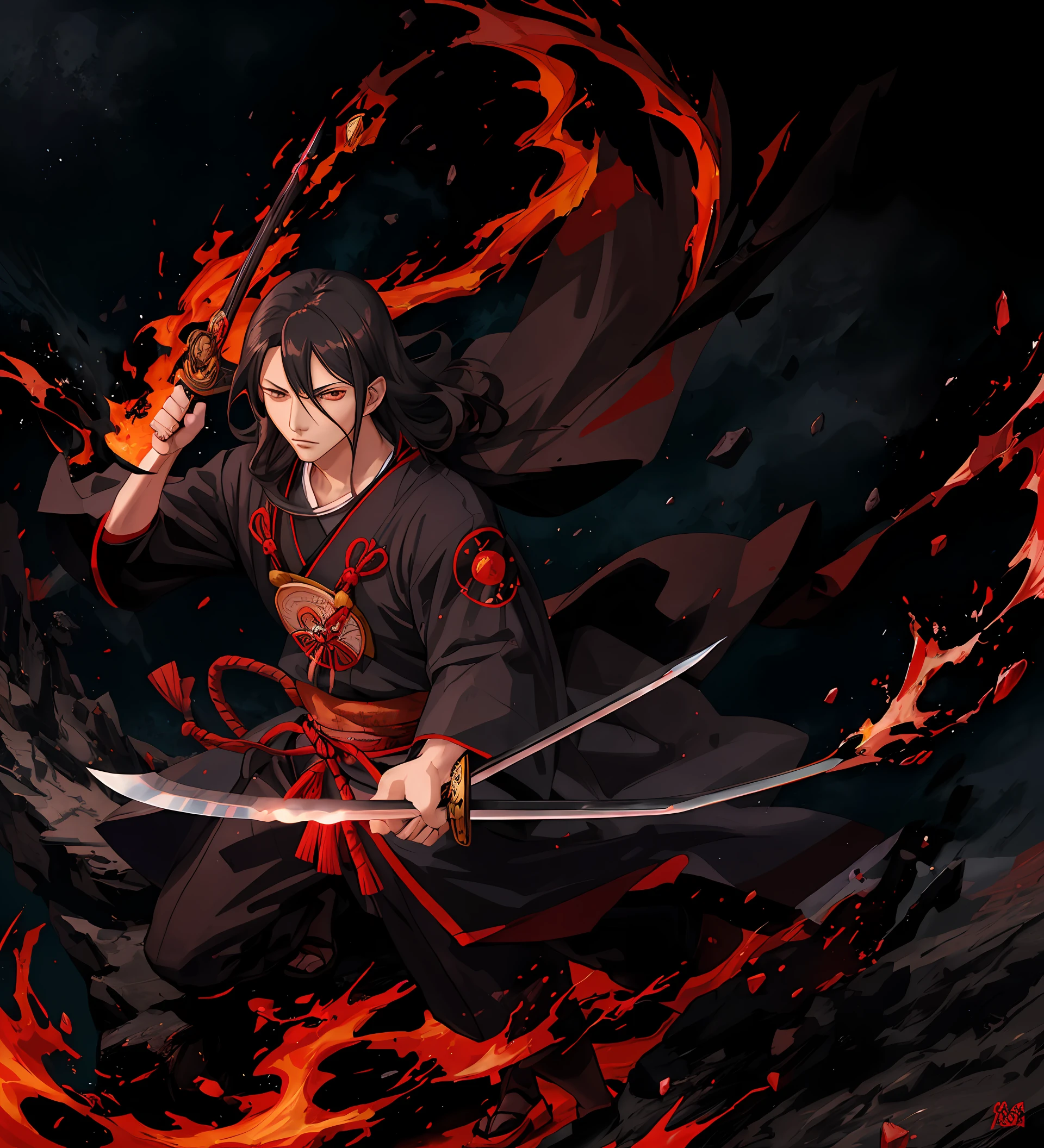 realistic anime style, Uchicha Madara, black and red royal sensei clothing, holding samurai sword in one hand, blasting fire from the other hand, background deep midnight sky, meteorite storm
