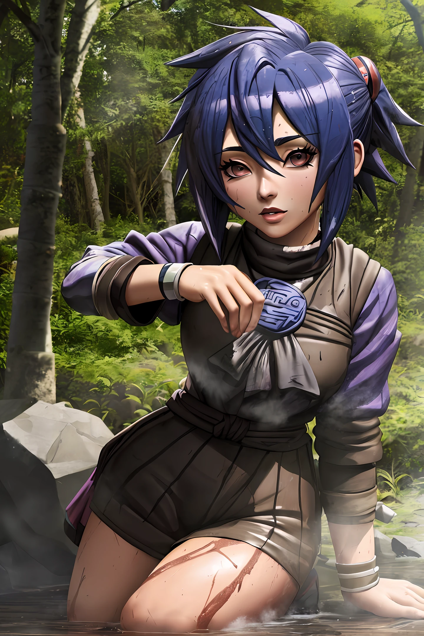 anime 3d digital painting style ((Konan from Naruto))((akatsuki clothes)) In the jungle(( muddy dirty Stinky)) fight with iboto