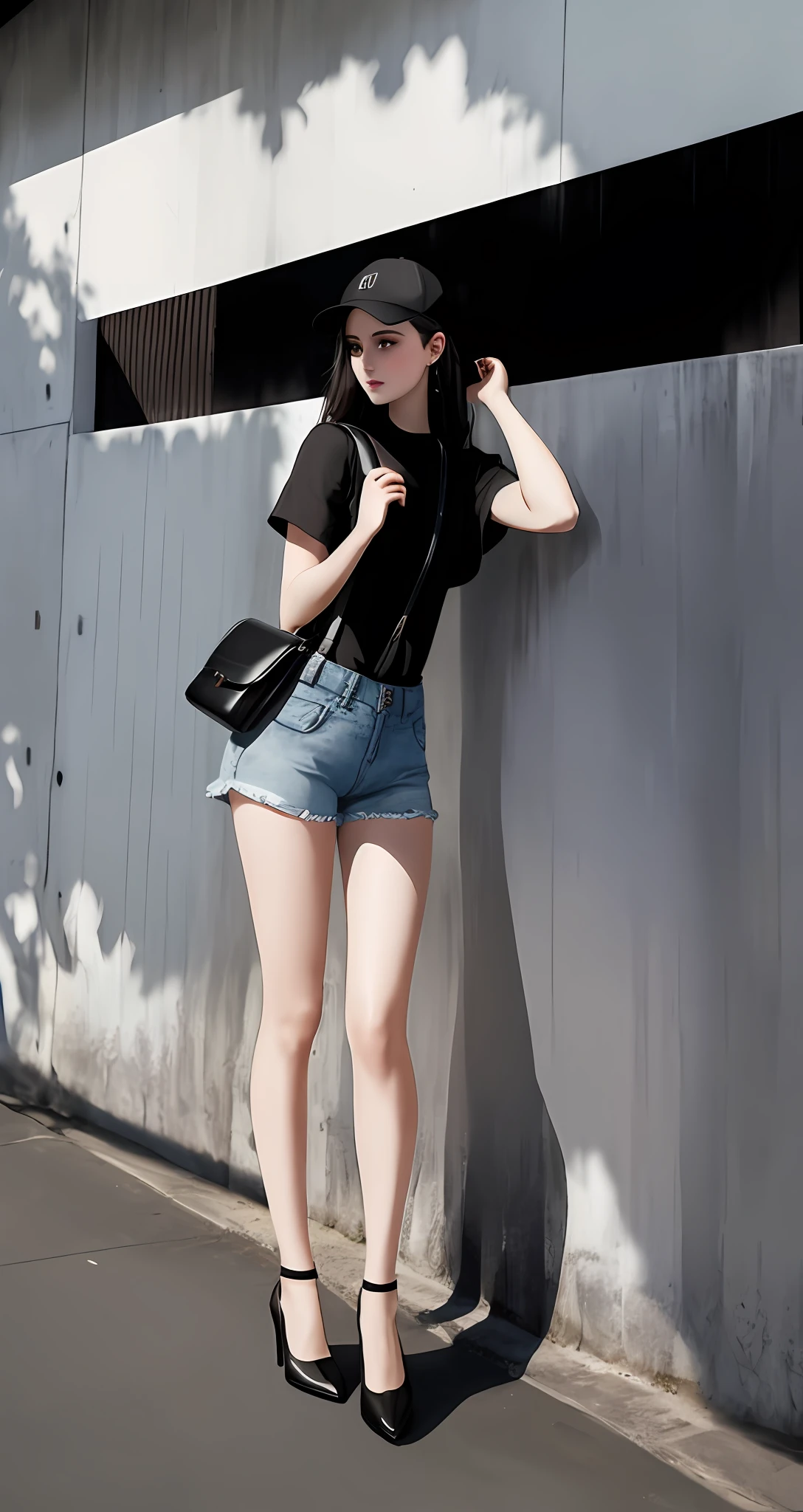 A girl in white skin and black dress leaning against the wall, pale skin, black short-sleeved shirt, dark denim shorts, long legs, left hand raised and leaning, right shoulder carrying a small leather bag, cap, beautiful digital artwork, realistic effect, high texture