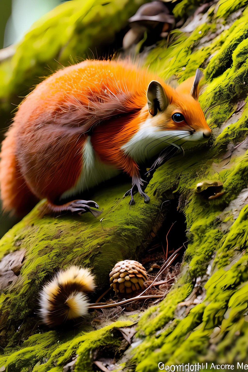 large anthill with fox squirrel perched on the top, surrounded by moss and acorns, large black ants