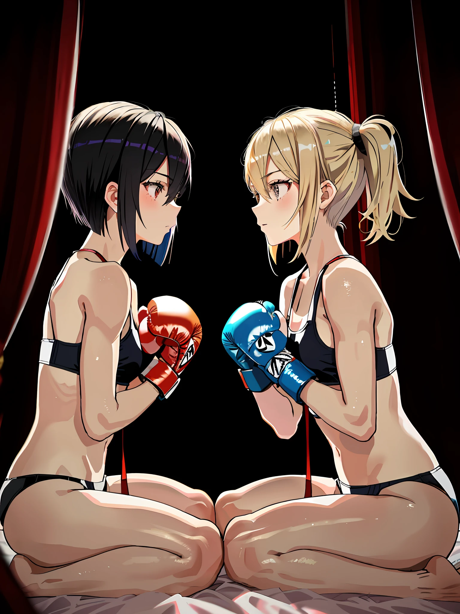 Blonde twin-tailed female boxer and black hair and bob cut female boxer are lying on bed in bedroom. Hugging and kissing. Both girls wear boxing gloves on their hands. Both are wearing underwear. The background is a dimly lit bedroom. Twin-tailed female boxer riding on top of short bob cut female boxer