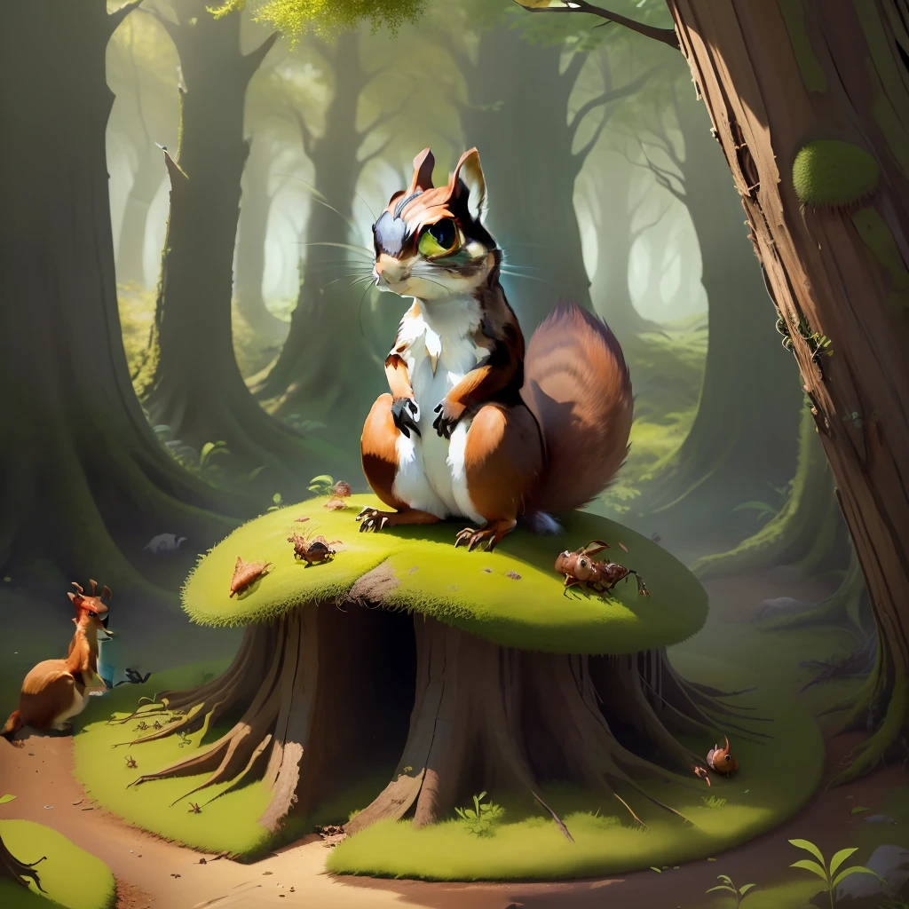 single squirrel perched on top of an anthill+large black ants crawling up the anthill+surrounded by acorns and moss patches -isolated imagery-mystical fantasy-upscale