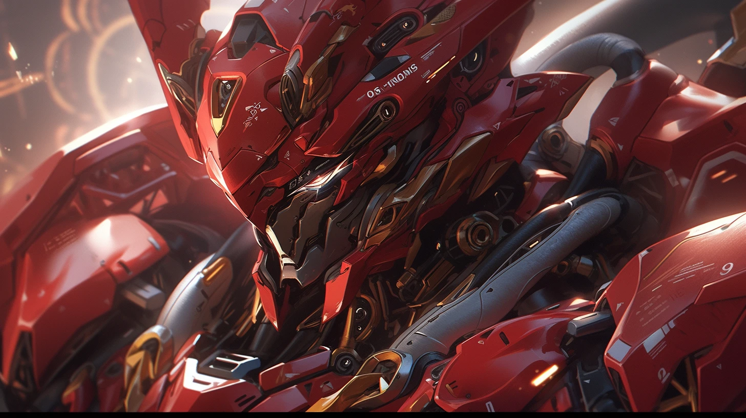 Red + gold scifi mech suit, intricate detail, artstation, Japna Gundam, full body image, nreal Engine, DOF, Super-Resolution, Megapixel, Cinematic Lightning, Anti-Aliasing, FKAA, TXAA, RTX, SSAO, Post Processing, Post Production, Tone Mapping, CGI, VFX, SFX, Insanely detailed and intricate, Hyper maximalist, Volumetric, ultra photorealultra-detailed intricate details, Super detailed, Full color Volumetric lightning, Realistic, Hyper realistic, Photorealistic, Unreal Engine, 8K --ar 16:9 --niji 5
