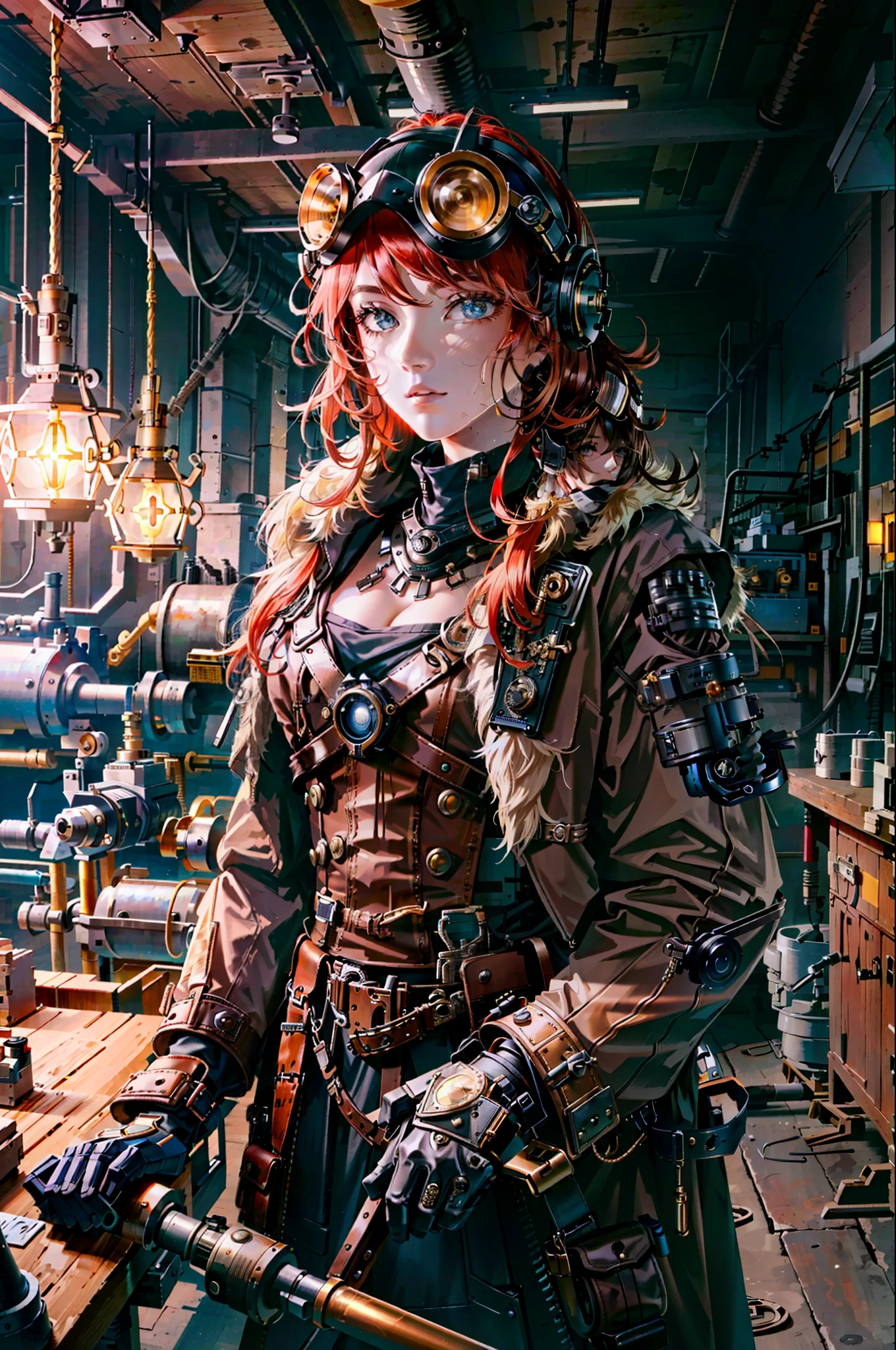 (8k, RAW photo, highest quality), beautiful girl using tools next to a desk, in a factory,  water pipe, water tank, 18 century,  red head, steampunk aviary helmet ,avairy coat, (detailed eyes:0.8), (looking at the camera:1.4), (highest quality), (best shadow), intricate details, interior, dark studio, muted colors,  (steam punk),