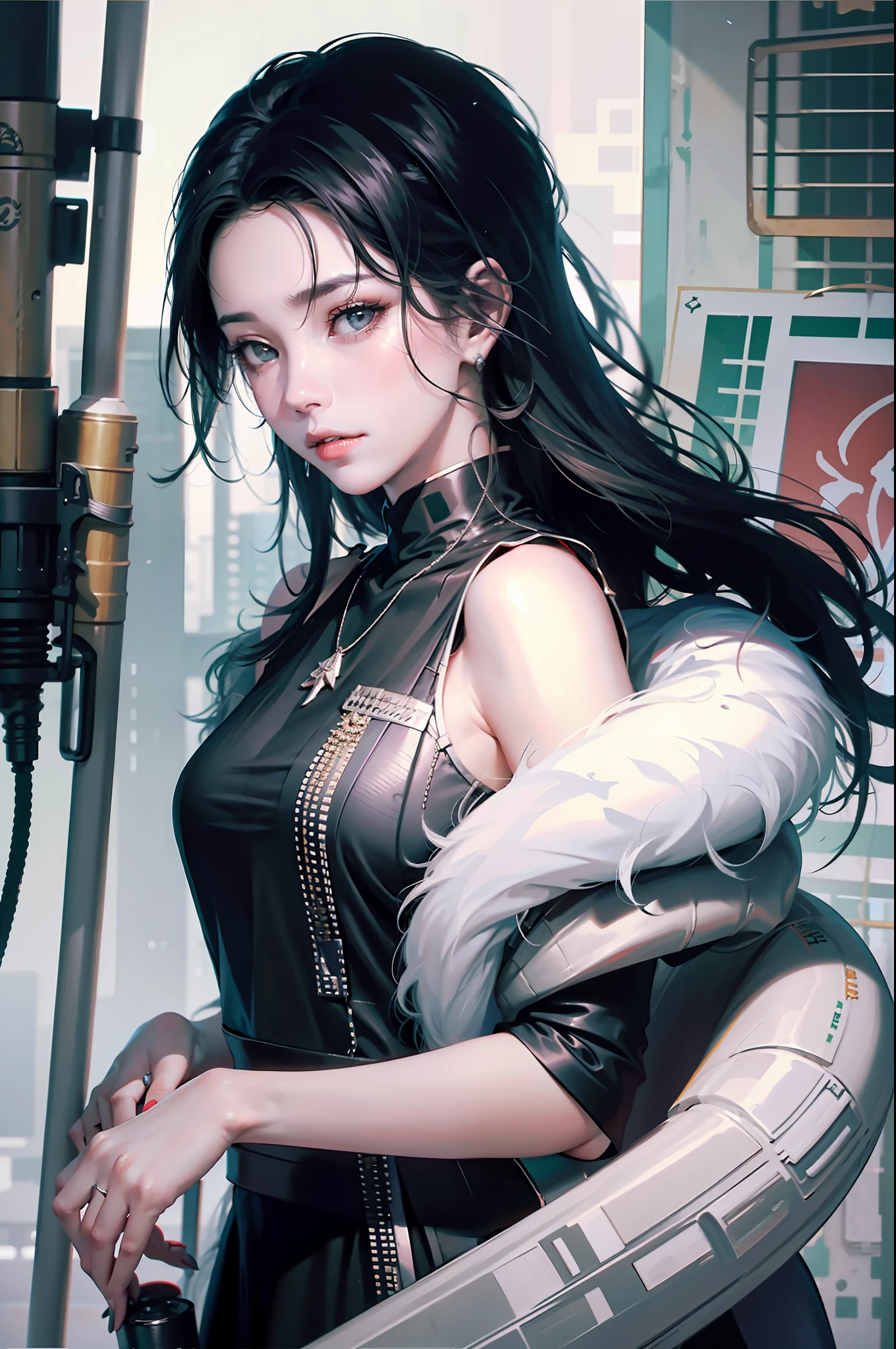 Master production, hyper-realistic, delicate face, poster picture, an Asian woman in a black baseball uniform, with a diamond necklace, black baseball uniform embroidered with the letters BANDITK GANGN, LISA, black baseball uniform wearing a gray washed old sweatshirt, women's hair color white, chest B cups, pupil color is black, skin is relatively white, the background is on the wasteland of Mars, the character leaves 3/4, the character action standard standing, the lens picture is a little overlook, Perfect mannequin cute angel girl pose, accurate detail, detailed face, fantasy, dramatic, intricate, elegant, highly detailed, digital painting, artstation, concept art, smooth, sharp focus, illustration, Gustav Doerr's art, octane rendering, 4k, (cyberpunk: 1.4), (solo: 1.4)