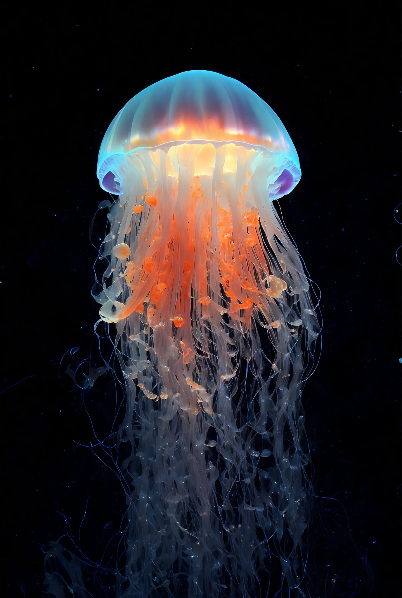 jellyfish with orange and white jelly floating in the dark water, phoenix jellyfish, glowing jellyfish, translucent glowing jellyfish, jellyfish, jellyfish pheonix, space jellyfish, bioluminescent jellyfish, jelly fish dancing, jellyfish phoenix, jelly fish, neon jellyfish, sea like jelly, transparent jellyfish, jellyfish fractal, hamburger mix jellyfish, jellyfishes, jelly, jellyfish gelatin