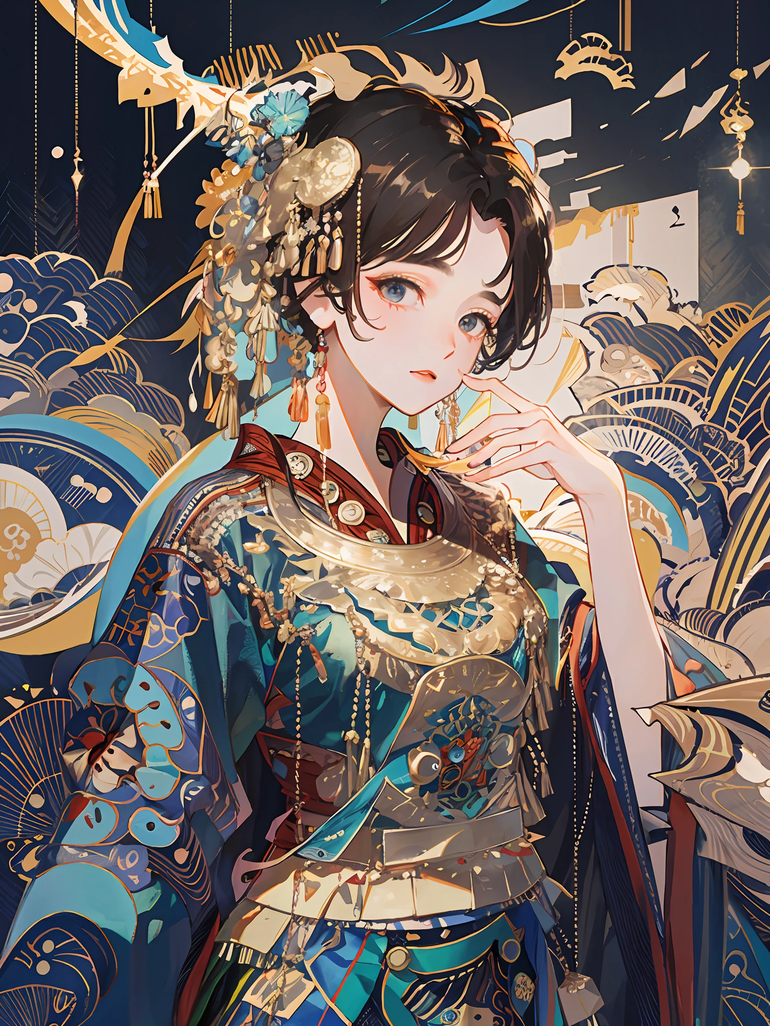 an illustration of a woman in traditional chinese costume, in the style of anime aesthetic, 32k uhd, blink-and-you-miss-it detail, beautiful, anime-inspired characters, beige and aquamarine, close-up,