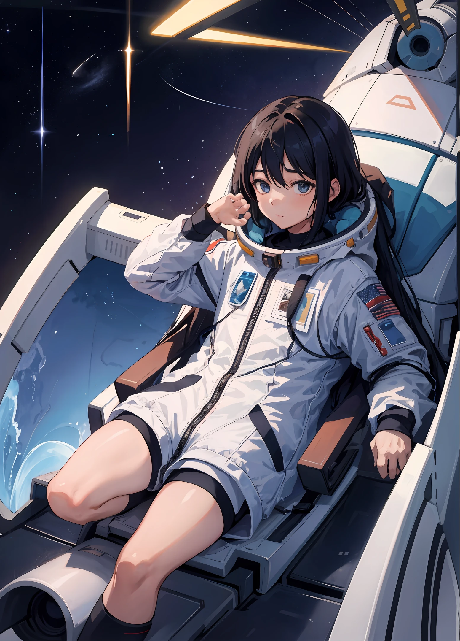 the portrait of a boy wearing space clothes and staring the flying spaceship at the sky, anime realistic,high details, ultra-resolution.