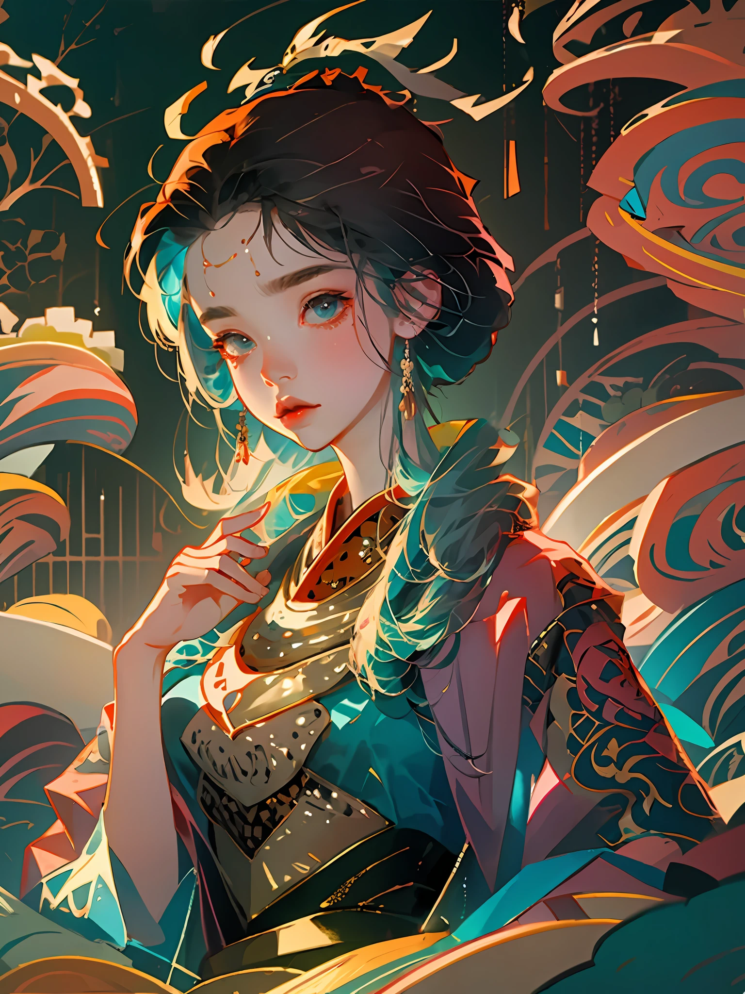 an illustration of a woman in traditional chinese costume, in the style of anime aesthetic, 32k uhd, blink-and-you-miss-it detail, beautiful, anime-inspired characters, beige and aquamarine, close-up,