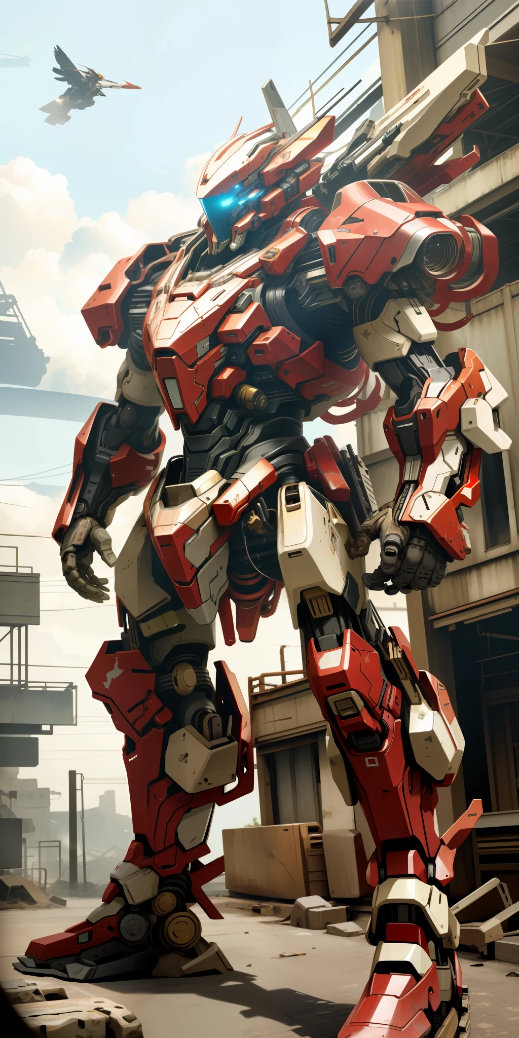 The red and white mech has wings, holds a large gun in his hand, shabby metal skin, cyberpunk background, extreme detail, dark backlight, octane rendering, dark color, 8K, HD--niji 5
