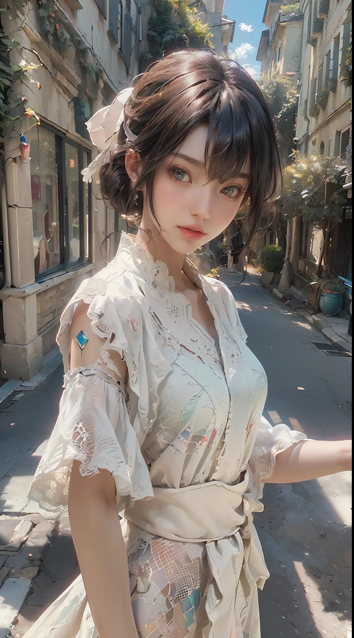 ((Best Quality)), ((Masterpiece), (Detail: 1.4), 3D, Photo of a Beautiful Woman on an Ancient Street in the background, HDR (High Dynamic Range), Ray Tracing, NVIDIA RTX, Super-Resolution, Unreal 5, Subsurface Scattering, PBR Textures, Post Processing, Anisotropic Filtering, Depth of Field, Maximum Sharpness and Sharpness, Multi-layer Textures, Albedo and Highlight Maps, Surface Shading, Accurate simulation of light-material interactions, perfect proportions, Octane Render, two-color light, large aperture, low ISO, white balance, rule of thirds, 8K RAW,