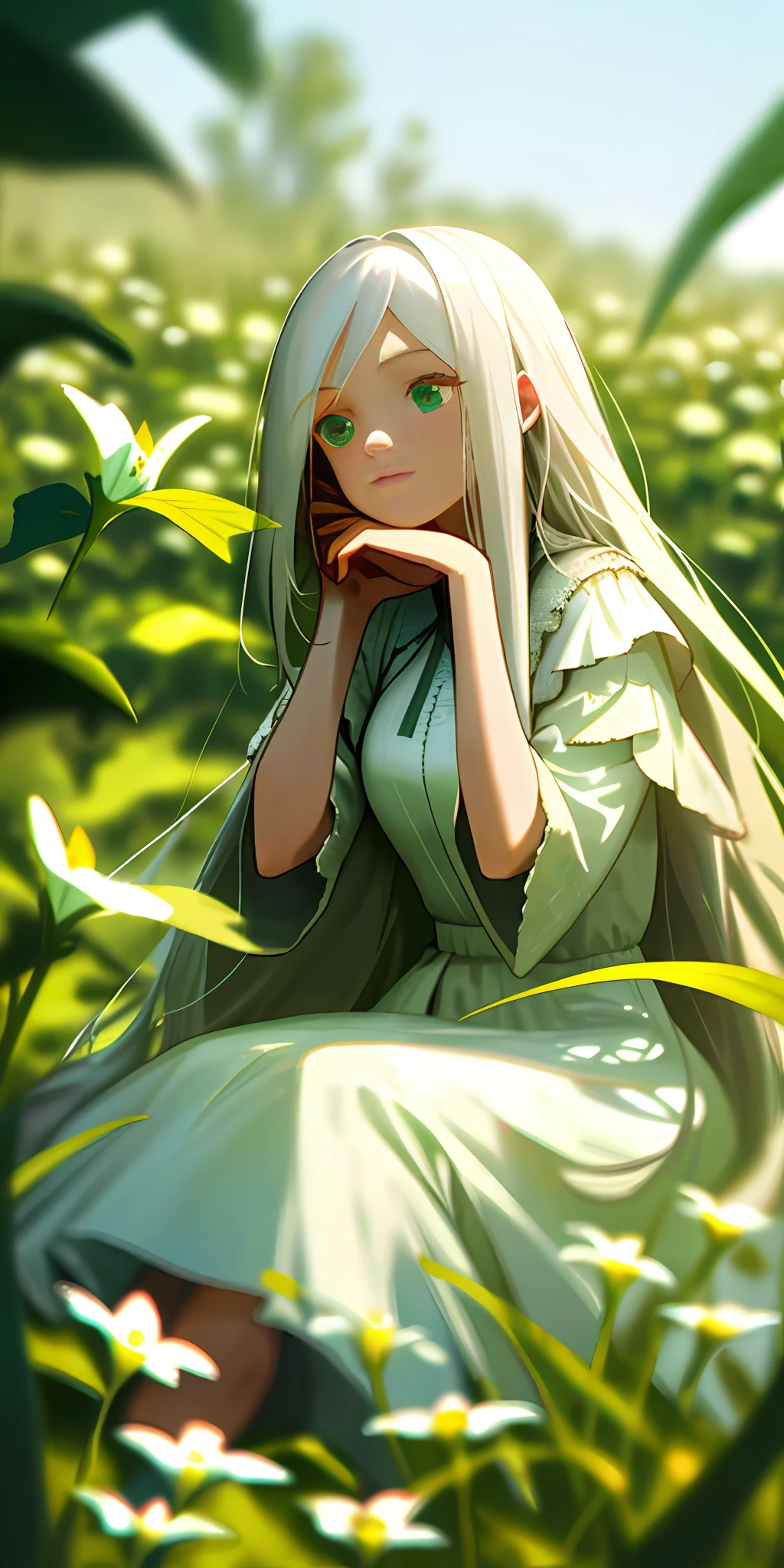 (masterpiece, best quality),1girl with long white hair sitting in a field of green plants and flowers, her hand under her chin, warm lighting, white dress, blurry foreground