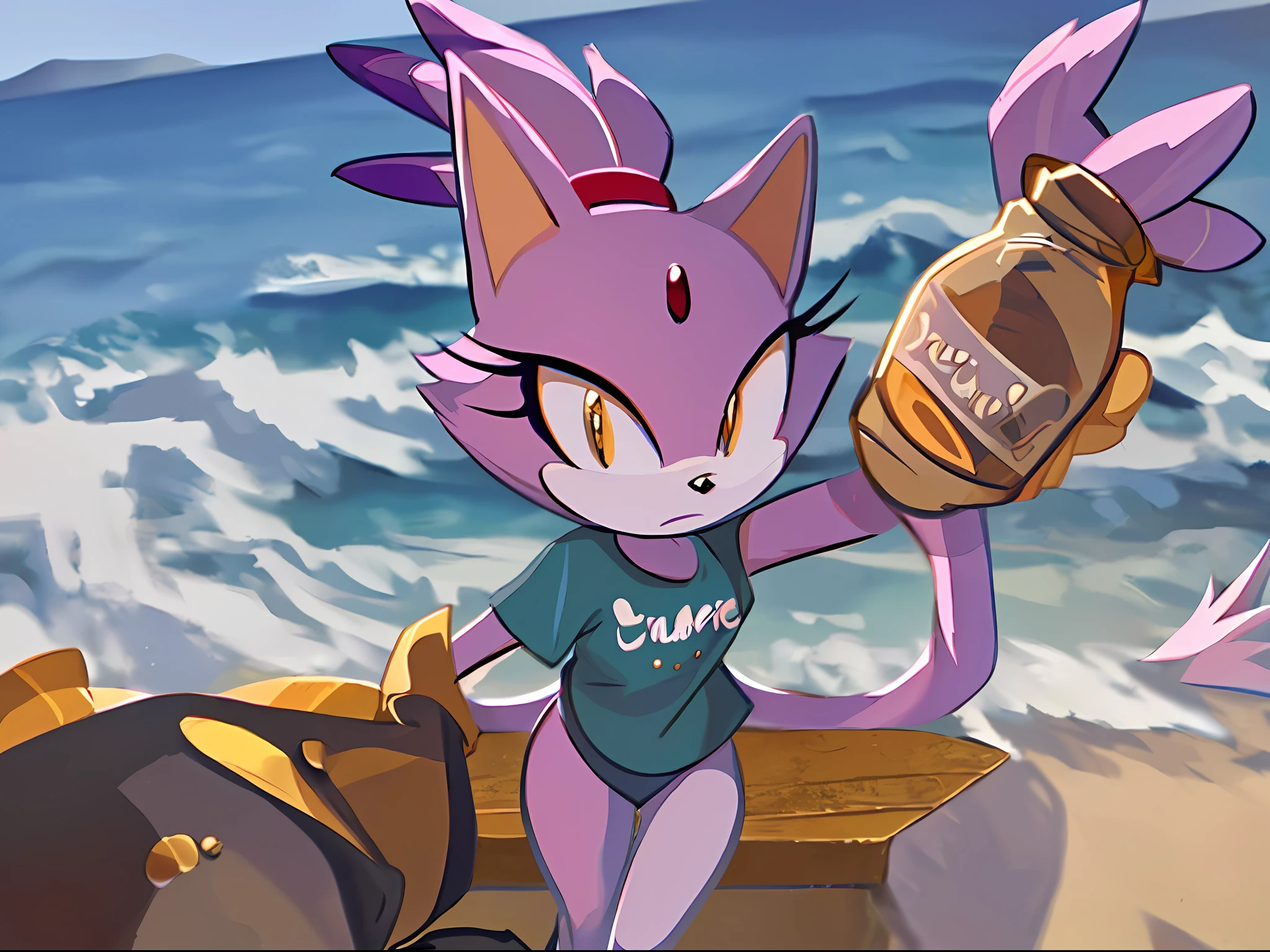 exclusive craftsmanship, the best quality, a highly detailed, beautiful and delicate shot of the shore performed by Blaze the Cat, she wears sunglasses in this scene along with her T-shirt and jeans with holes, shaking a bottle of water in her hand, and her serious face seems eye-catching.