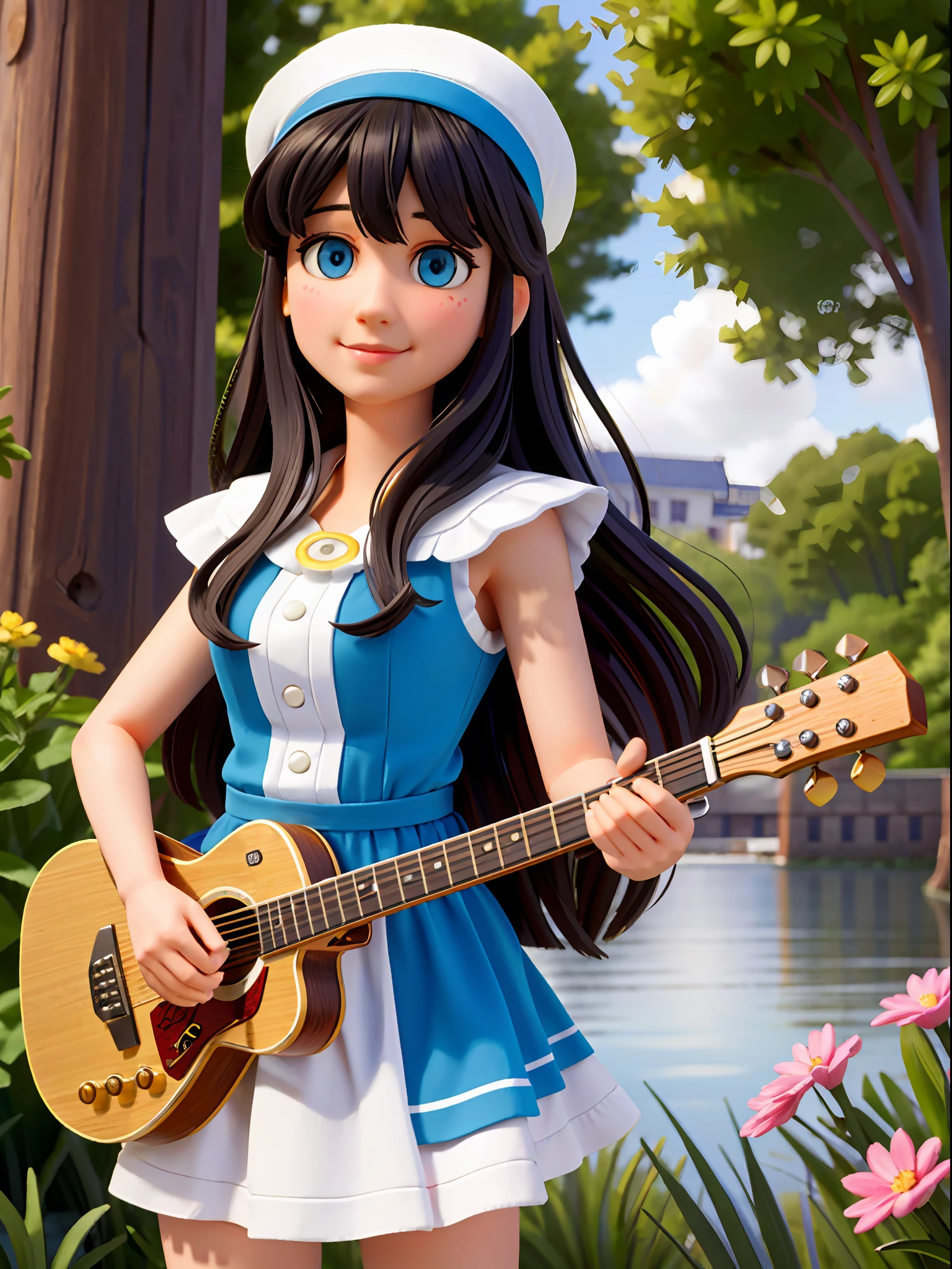 flat color, RAW photo of (adult:1.3) ((Zooey Deschanel:0.8), detailed face, perfect eyes, Long layers) woman (smiling:0.8), as a musician, dressed in bathing outfit, in heroic adventure, (high detailed skin:1.2), 8k uhd, dslr, soft lighting, high quality, film grain,