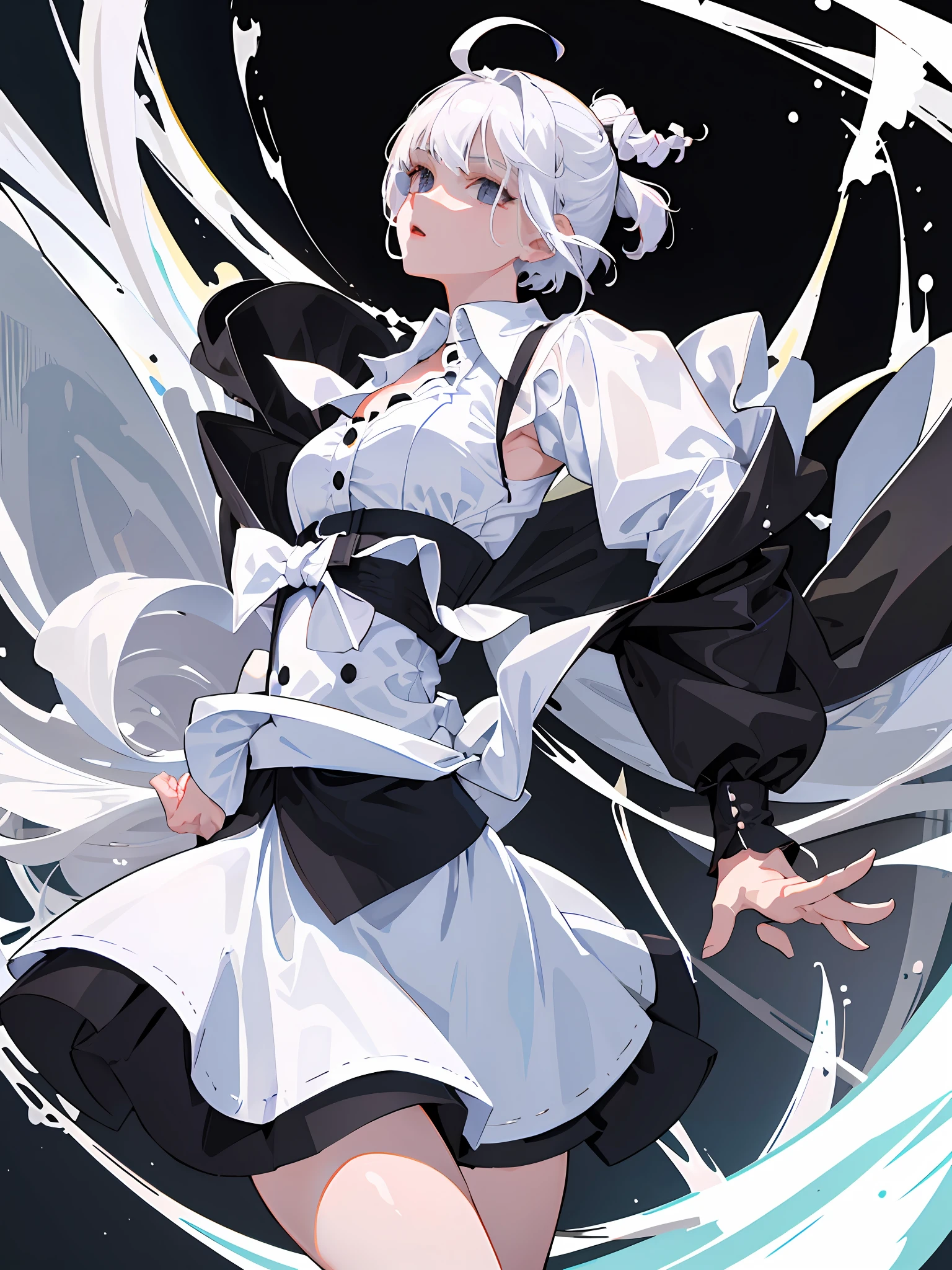 ((masterpiece, best quality)), (1girl), (solo), (female focus), (ahoge, white hair, short hair), black eyes, ((white shirt), (buttoned shirt)), ((black skirt), (short skirt)), standing, white background, behind arms,