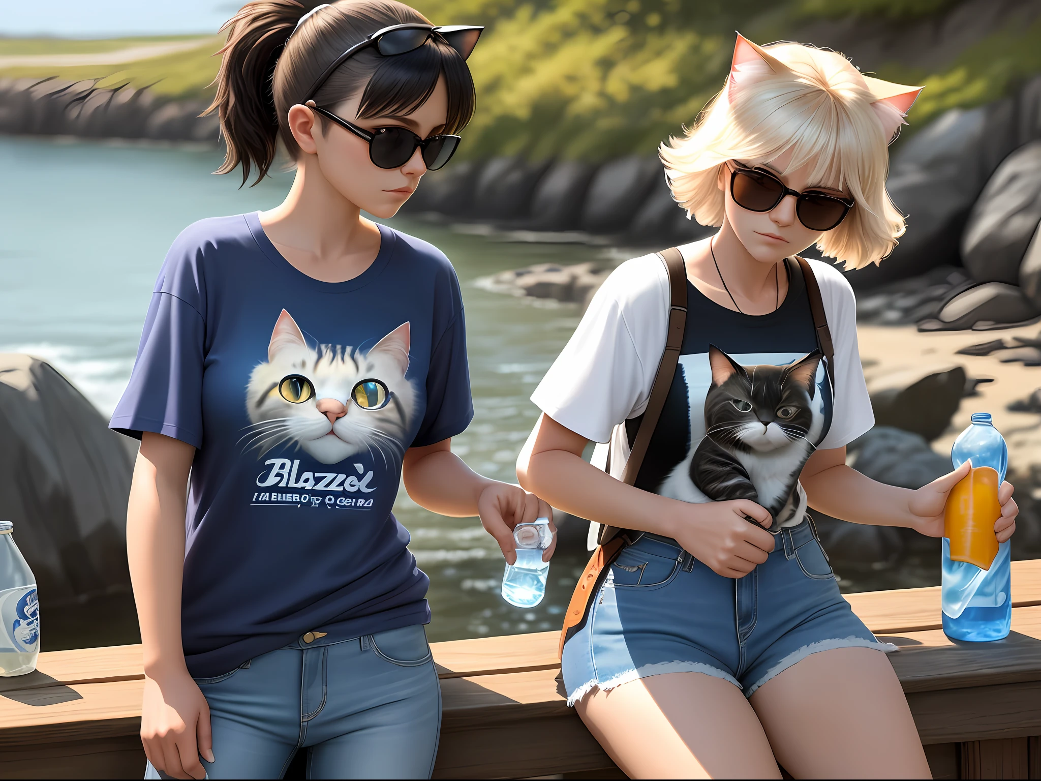 exclusive craftsmanship, the best quality, a highly detailed, beautiful and delicate shot of the shore performed by Blaze the Cat, she wears sunglasses in this scene along with her T-shirt and jeans with holes, shaking a bottle of water in her hand, and her serious face seems eye-catching.