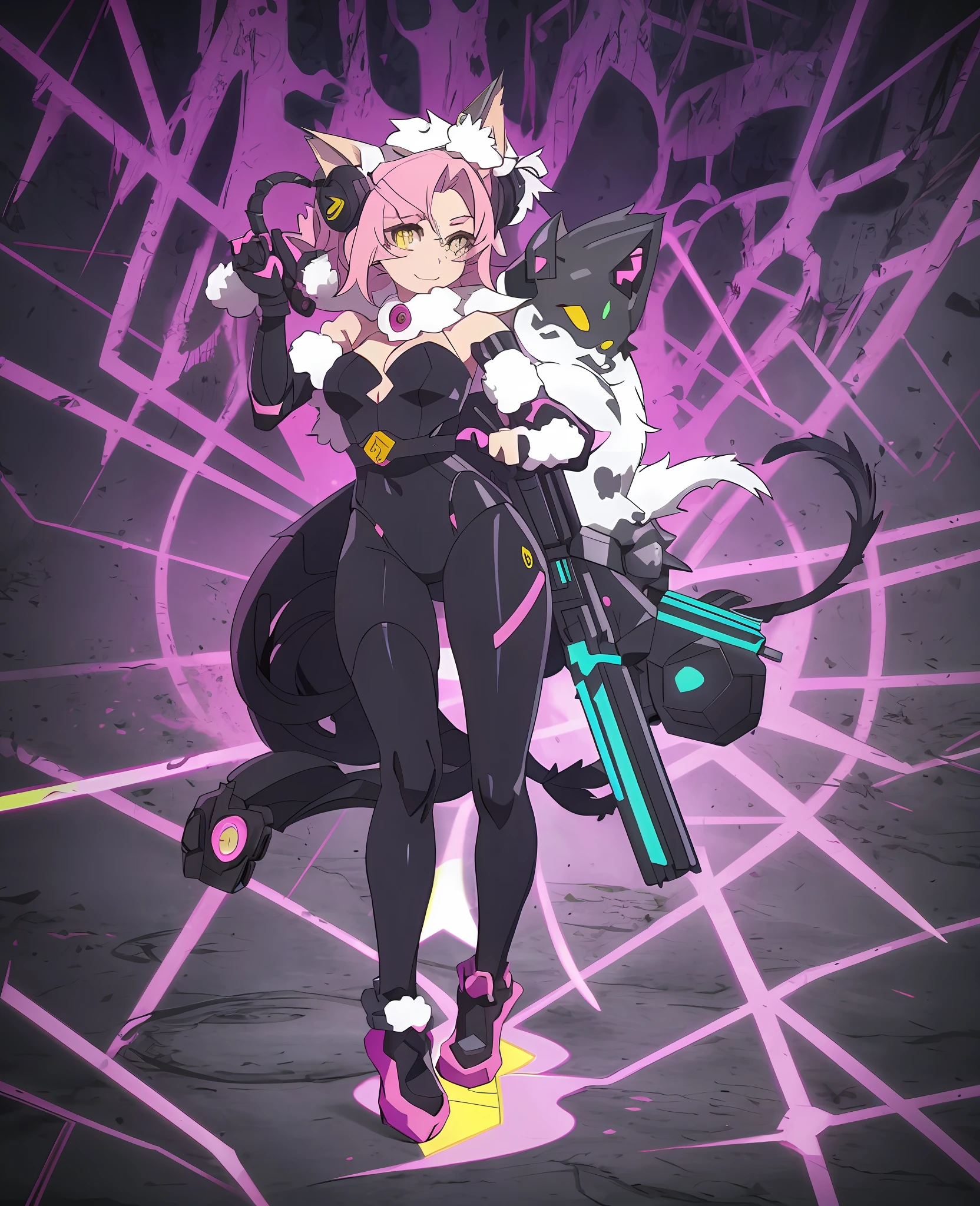 Anime characters with guns and pink cat toys, robots! Catwoman, Full Body Commission, As Overwatch Character, Anime Catwoman, Female Vassona, , Catgirl,, Overwatch Inspiration, Official Character Art, Overwatch Echo, Attractive Cat Girl, Cute Anime Catwoman, Overwatch Style, OC Committee Full Body Concept, Detailed Full Body Concept, Bare Line Art,, Clean Anime Silhouette,, Clean Line Art, Concept Film, Heavy Outline, Bold Line Art, Art Style, Full Body Character Drawing, Full Body Portrait! ,,Character Design Beautiful Full Body Concept Art,Full Body Concept,((Character Concept Art)),Full Body Concept Art,Cat ear headphones, Cat ears, slit pupils, shy, seductive smile, light blush, high quality,yellow White tights, black leggings torn, cat's claw gloves, headphones on the head, a big cat on the back