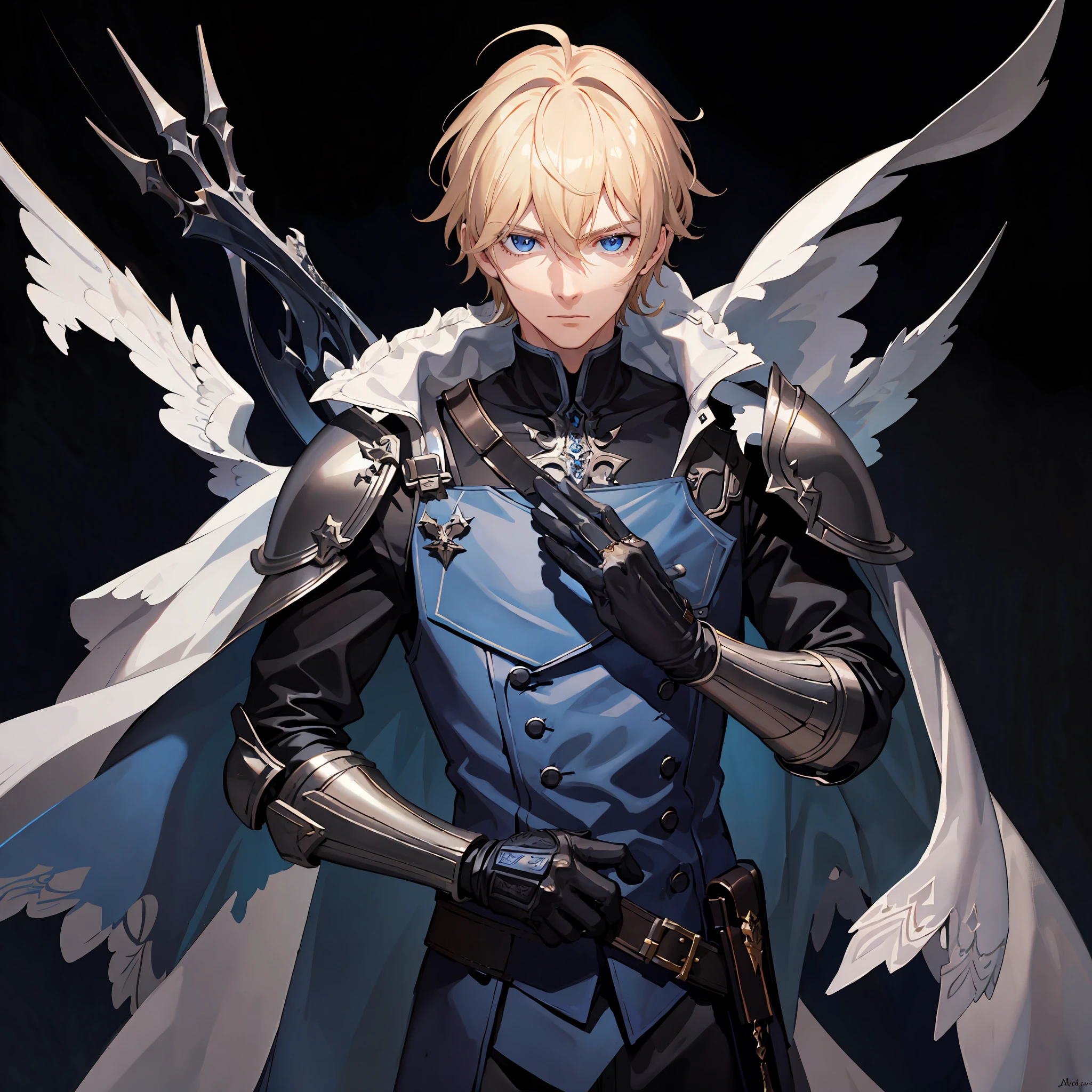 masterpiece, best quality, 1man, adult, male focus, solo, medium blonde hair, vibrant blue eyes, gloves, looking at viewer, cape, High quality metal texture, semi metal armor, closed mouth, black metalic gloves, upper body, bangs, high collar,(kbxll:0.6), Fantasy aesthetics, Highly detailed