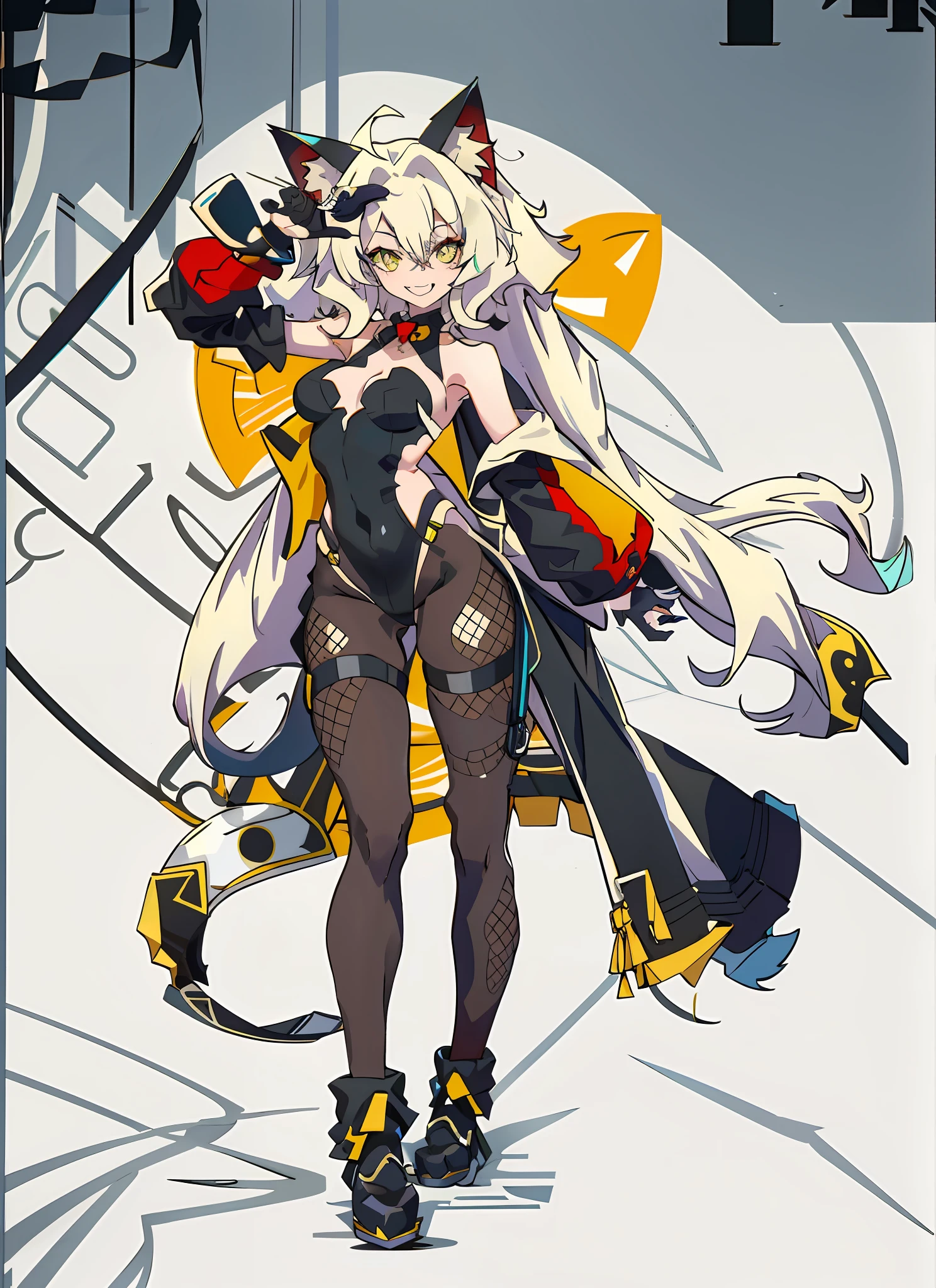 A drawing of a cat woman holding a gun, full body concept, detailed full body concept, rough line art, clean anime silhouette, clean line art, concept film, heavy silhouette, bold line art, art style, full body character drawing, full body portrait! ,,Character Design Beautiful Full Body Concept Art,Full Body Concept,((Character Concept Art)),Full Body Concept Art,Cat ear headphones, Cat ears, slit pupils, shy, seductive smile, light blush, high quality,yellow White tights, black leggings torn, cat's claw gloves, headphones on the head, a big cat on the back