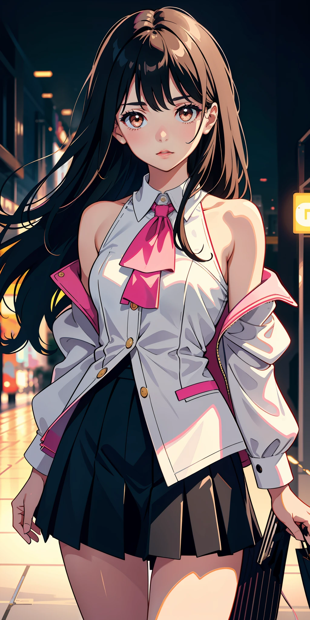 blouse and jacket, short skirt, shopping, happy, black long hair, messy hair, brown eyes, hung eye, Gentle and charming beautiful woman, half-length photo, charming oval face, double eyelids, pink lips, small nose, bare shoulders, focused face, face close-up, ultra-high-definition, Super details, elegant standing posture, ultra-thin light-transmitting wet yarn