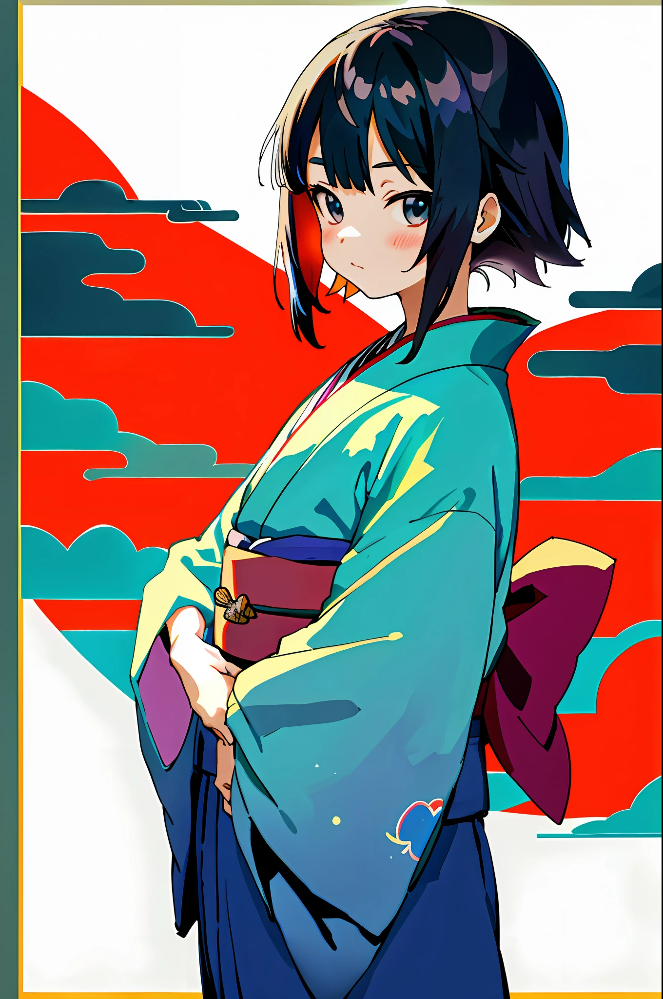 Elementary school student wearing a kimono "anime style"