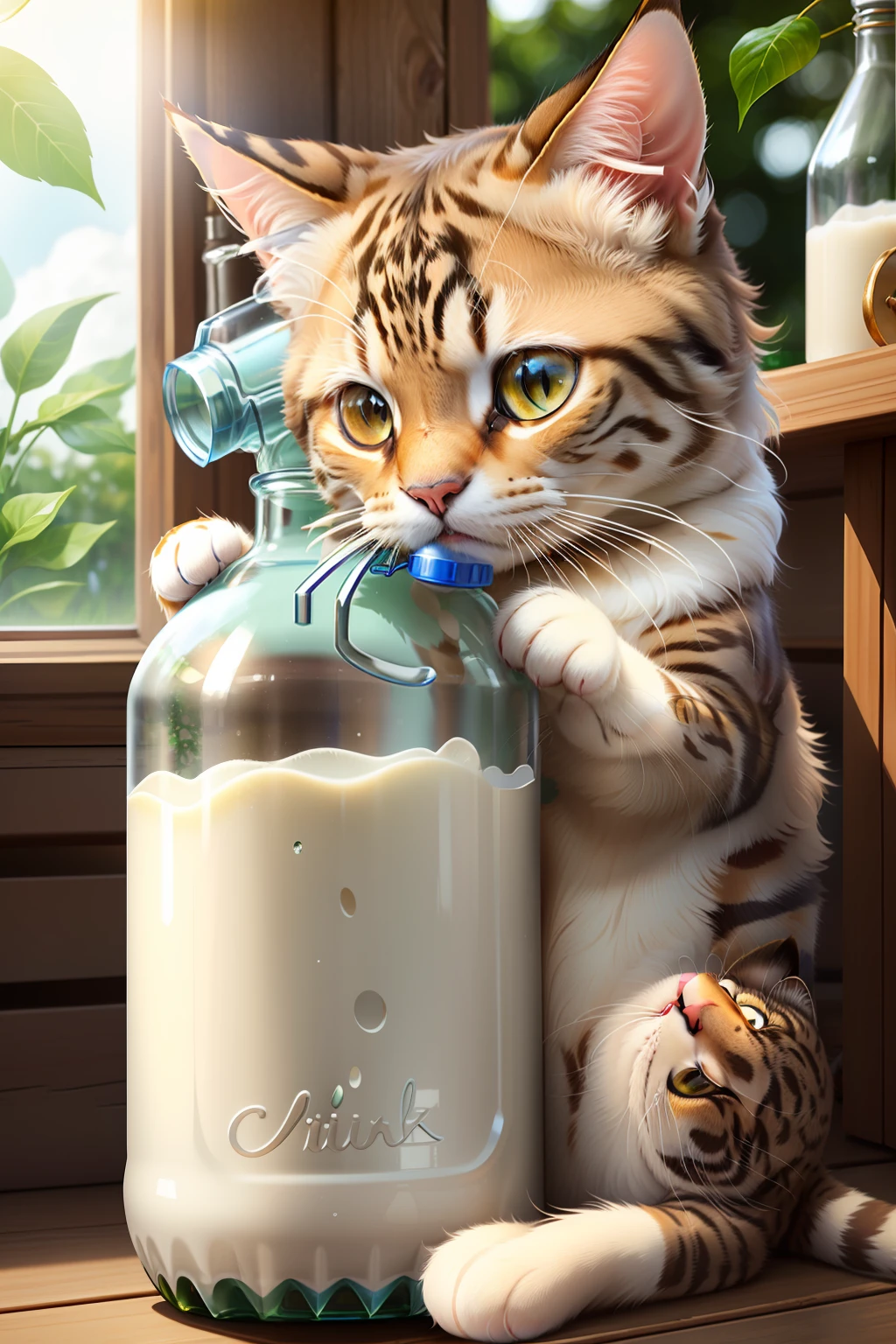 photorealistic of a cat ((drinking from a  bottle of milk )),(holding a bottle : 1.2), 8k, hyperquality details, intricate details on its fur, cinematic,  ,  ,