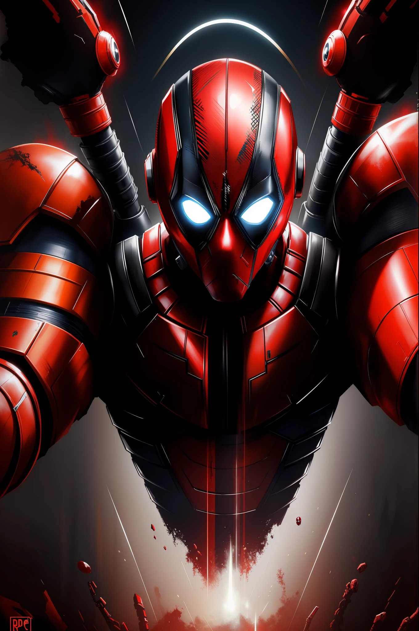 (masterpiece, best quality), intricate details, photo, realistic, Deadpool from Marvel, rusty, alien planet, computer terminals, arc electricity, sp3ct4, dark atmosphere, symmetrical legs, (hand gun)