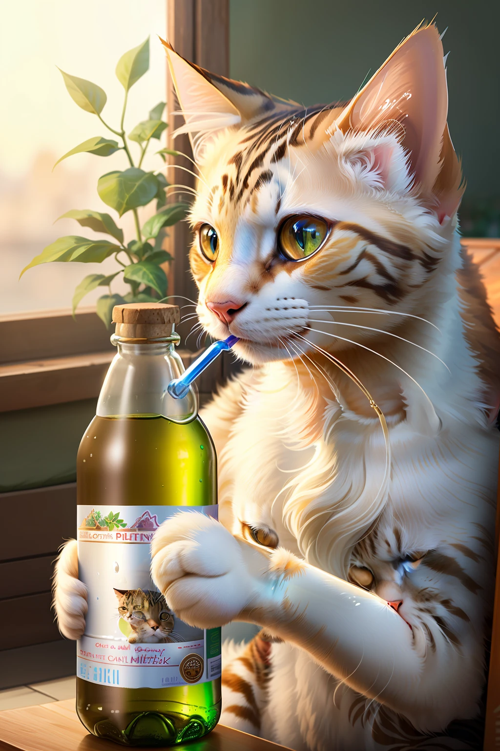 photorealistic of a cat ((drinking from a  bottle of milk )),(holding a bottle : 1.2), 8k, hyperquality details, intricate details on its fur, cinematic,  ,  ,