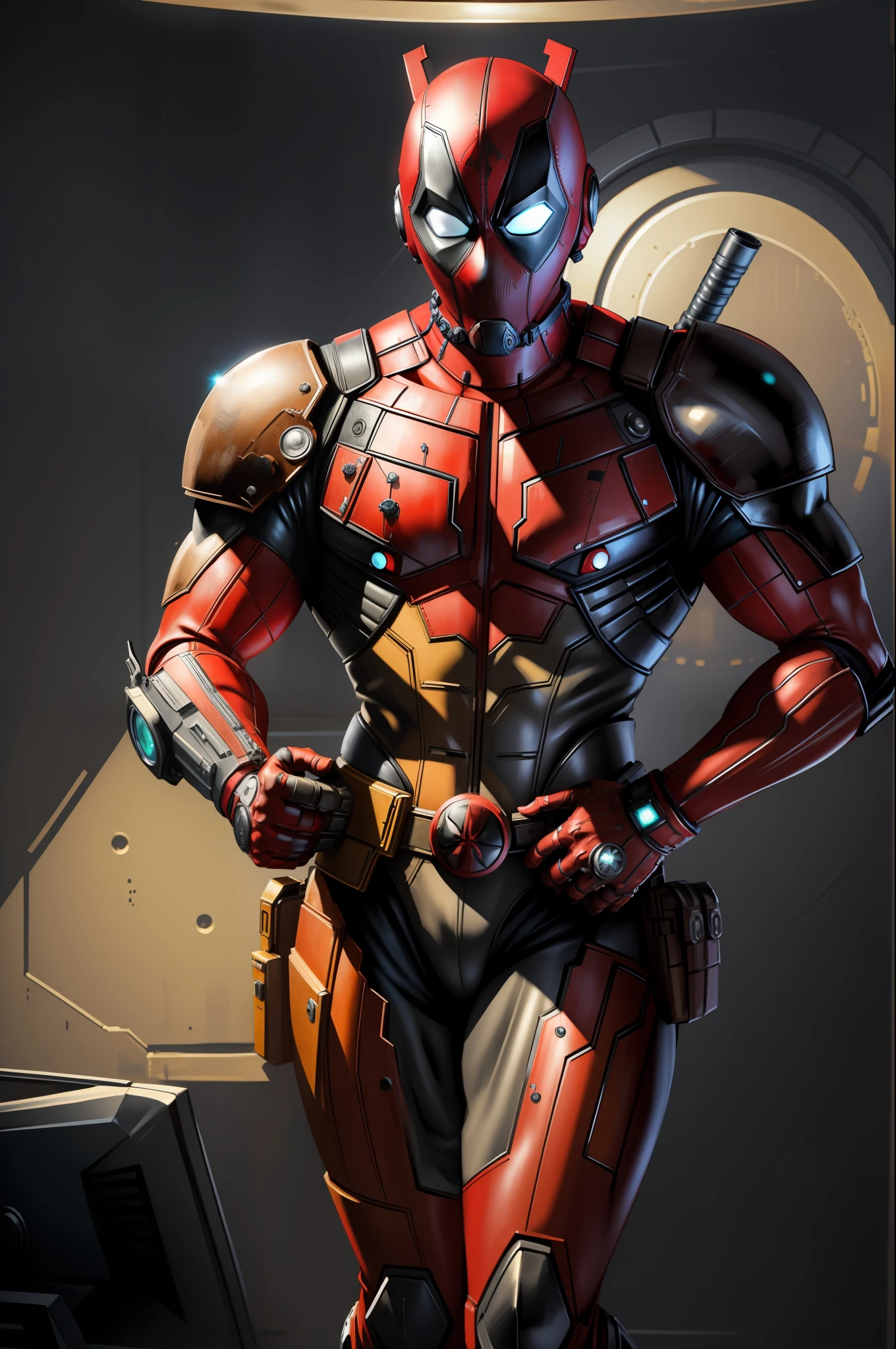 (masterpiece, best quality), intricate details, photo, realistic, Deadpool from Marvel, rusty, alien planet, computer terminals, arc electricity, sp3ct4, dark atmosphere, symmetrical legs, (hand gun)