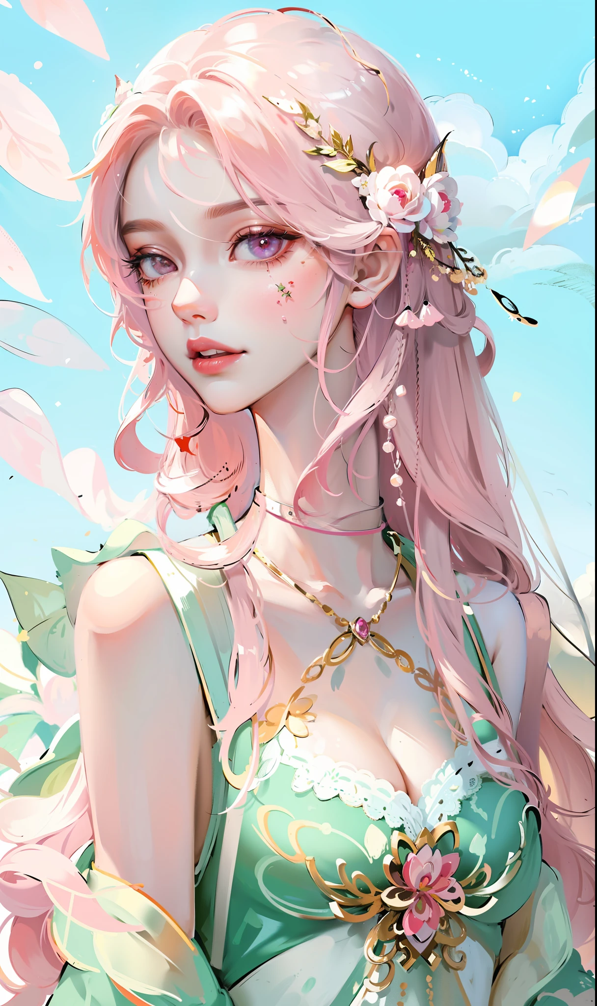 Masterpiece, Superb Piece, Ultra Detailed, Illustration, Portrait, 1Girl, Eye, Long Hair, Curly Hair, Bangs, Hand Bouquet, Pink Tulip, Side Looking at the Camera, Plain White Background, Gradient Background, Suspenders, Off-the-Shoulders, Modern Dress, 32k --Niji 5