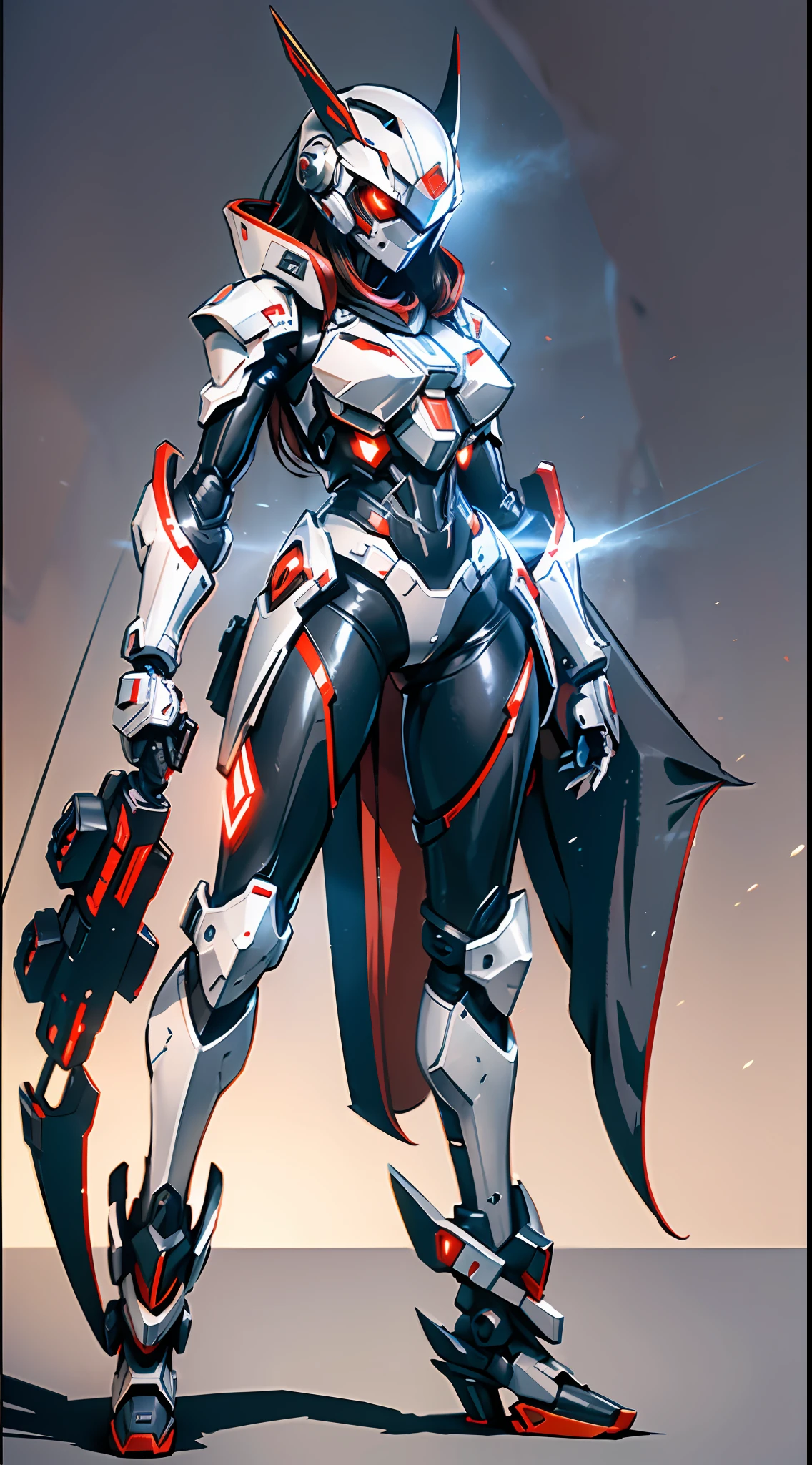 (((tall young Asian woman with perfect body proportions))), textured mech, surrealism, cubist futurism, V-shaped helmet covering face, melon face, black and red extremely complex cruel Valkyrie mech suit, white messy long hair, red glowing eyes, gun action, tattered red knight long cloak unfolded, a large horror machine stands behind it, Ultra HD, Panorama, chiaroscuro, Cinematic lighting, ray tracing, character diagram, f/1.8, Sony FE, best quality, High resolution, live-action, 3D effects