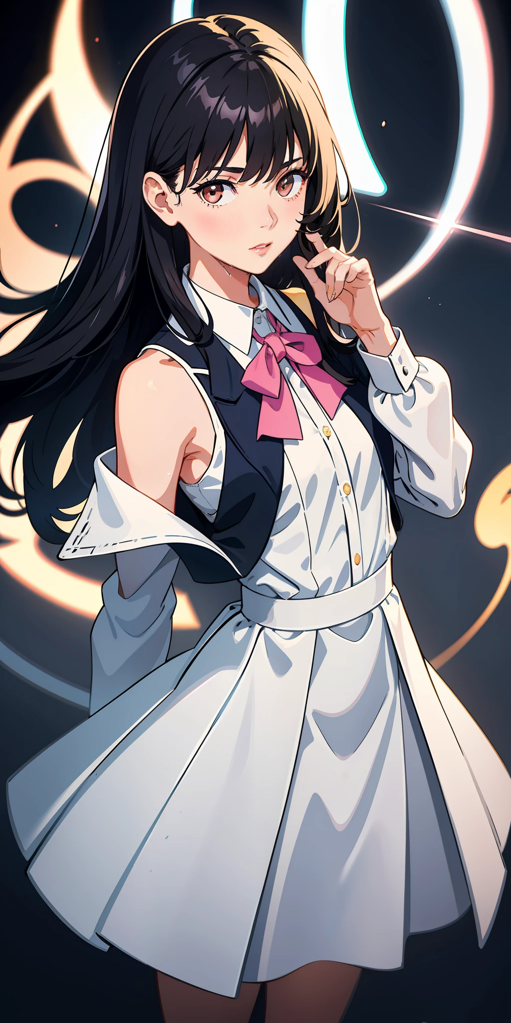 white dress shirt, dark blue jacket, short skirt, school, black long hair, messy hair, brown eyes, hung eye, Gentle and charming beautiful woman, half-length photo, charming oval face, double eyelids, pink lips, small nose, bare shoulders, focused face, face close-up, ultra-high-definition, Super details, elegant standing posture, ultra-thin light-transmitting wet yarn