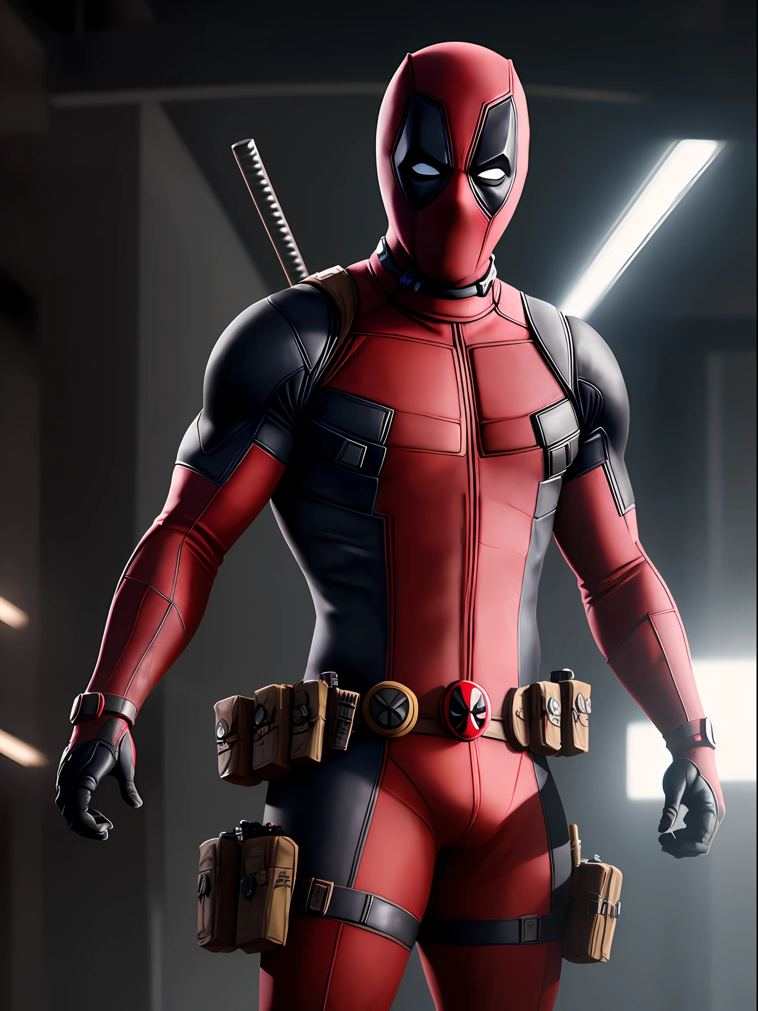 Deadpool from Marvel, Organic Looking Outfit, Sticky Forehead, Symbiote, White Eyes, Fine Arts, PS5 Cinematic Screenshot, Highly Detailed Detailed Cinematic Rendering, Ultra Photorealistic Beam, With Cinematic Lighting
