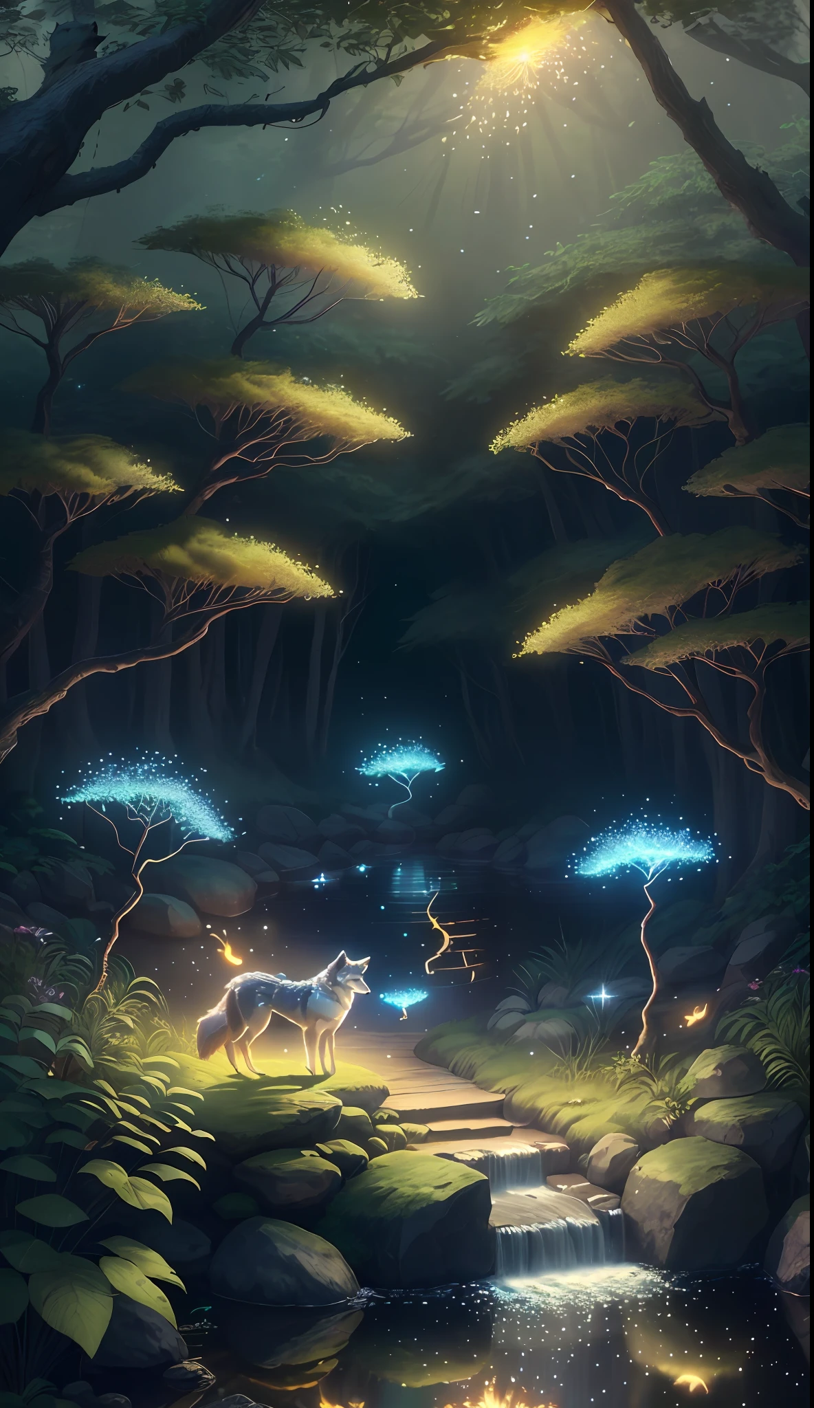 Masterpiece, best quality, (very detailed CG unity 8k wallpaper), (best quality), (best illustration), (best shadows), focus on a large (((wolf))) crossing a shallow creek, glow sprite, Drinking water, natural elements in the forest theme, stone steps. Mysterious forest, beautiful forest, nature, surrounded by flowers, delicate leaves and branches surrounded by fireflies (natural elements), (jungle theme), (leaves), (twigs), (fireflies), (particle effects) etc. 3D , Octane rendering, ray tracing, super detailed