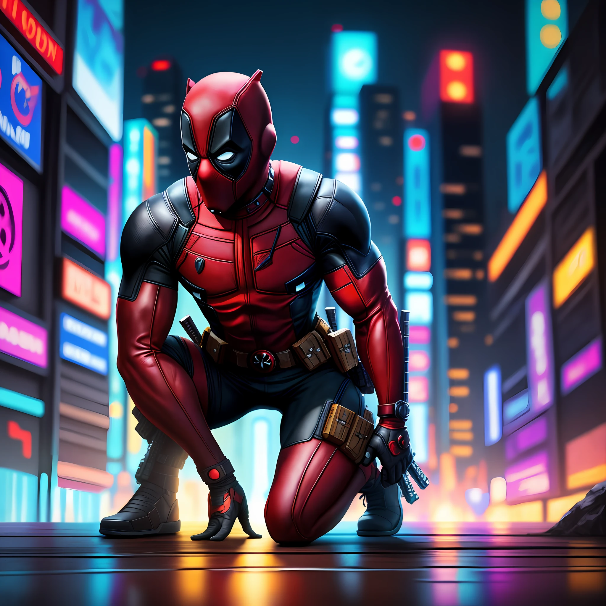 Deadpool from Marvel putting his hand on the ground, kneeling and looking forward, cyberpunk city background, bright colors, 8k quality, cinematic focus, lighting