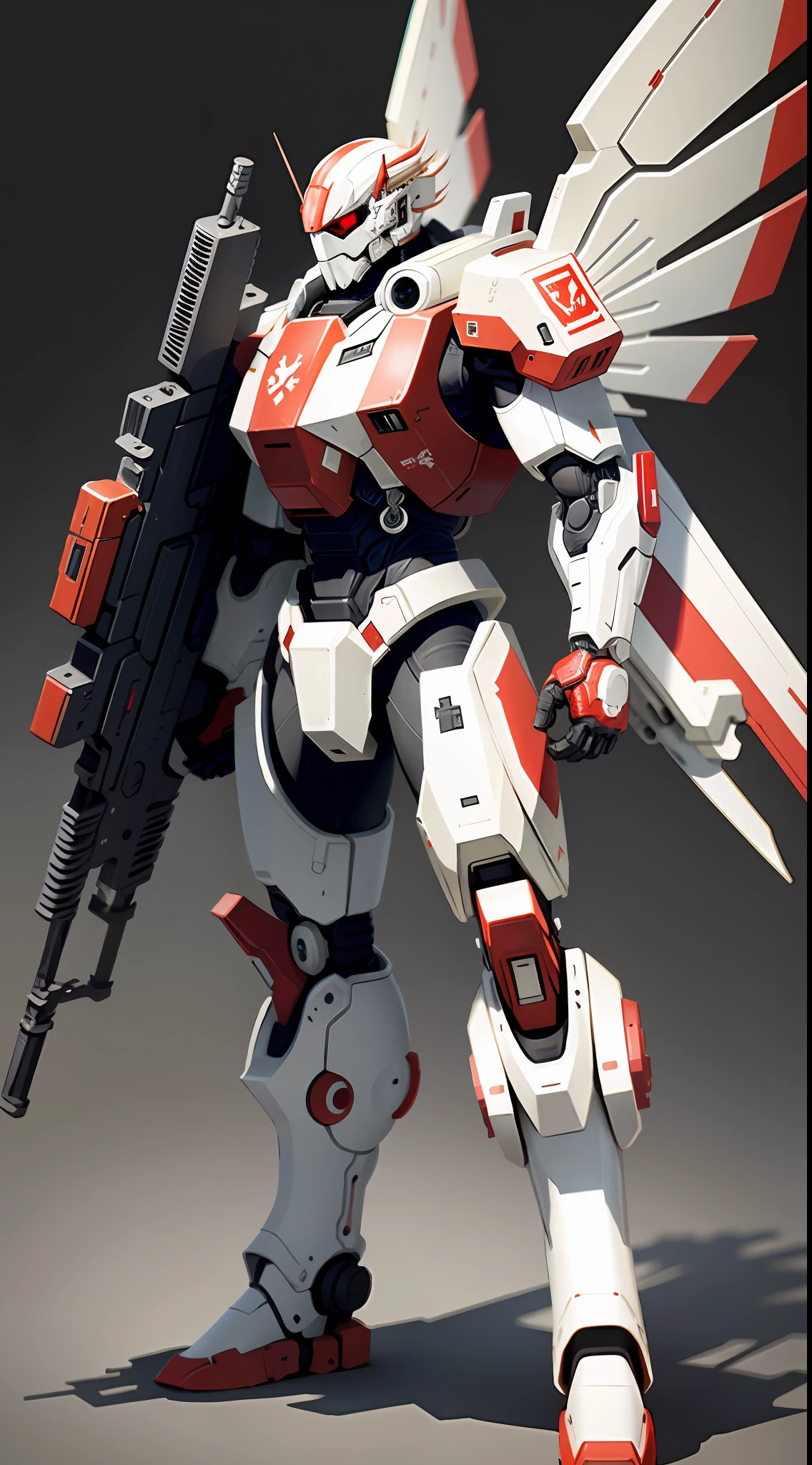 The red and white mech has wings, holds a large gun in his hand, and has a white background - niji5