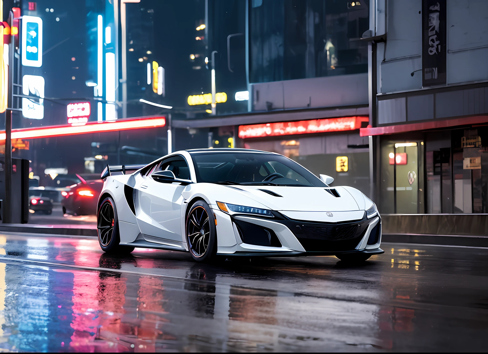 (Best Quality)), ((Masterpiece)), (High Definition:1.3), 3D, Beautiful (Cyberpunk:1.3), Rain, Park, Corporate Logo, HDR (High Dynamic Range), Ray Tracing, NVIDIA RTX, Super Resolution, Unreal 5, Subsurface Scattering, PBR Texturing, Post-Processing, Anisotropic Filtering, Depth of Field, Maximum clarity and sharpness, multi-layer textures, albedo and specular maps, surface shading, accurate simulation of light-material interactions, perfect proportions, octane rendering, two-tone lighting, low ISO, white balance, masterpiece, best quality, official art, highly detailed cg unity 8k wallpaper,illustration, light,car, bright, automobile, ground vehicle, sports car, vehicle focus, road, need for speed, movement, wet, (night, midnight:1.5), cyberpunk, tokyo,neon lights,drift,nsx2000 and gtr36 <